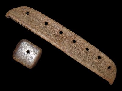 Lot of Two Eskimo Artifacts, One Round Dice and Bone Ulu Handle, Bering Sea, Alaska, Ex. J. 