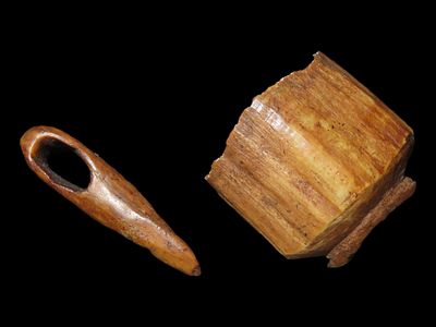 Eskimo Artifacts, Lot of Two, Carved Walrus Tusk and Connector, Bering Sea, Alaska