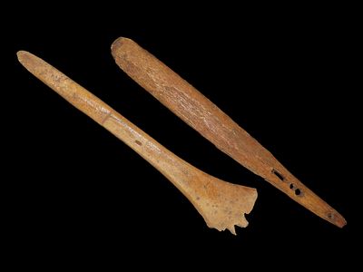 Lot of 2 Eskimo Artifacts, Leg Bone Fork with Broken Tangs and Bone Fleshing Tool, Bering Sea 