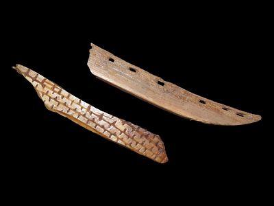 Lot of 2 Eskimo Artifacts, Toy Sled Runner and Engraved Piece, Bering Sea, Alaska