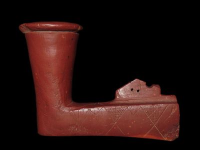 2 7/8" x 2 1/4" Catlinite Pipe with Intricate Carvings Throughout