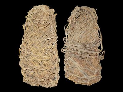 12" x 18" Riker Display with 10" Anasazi Woven Yucca Sandals, Found in 1940 by Mr. Warner on 