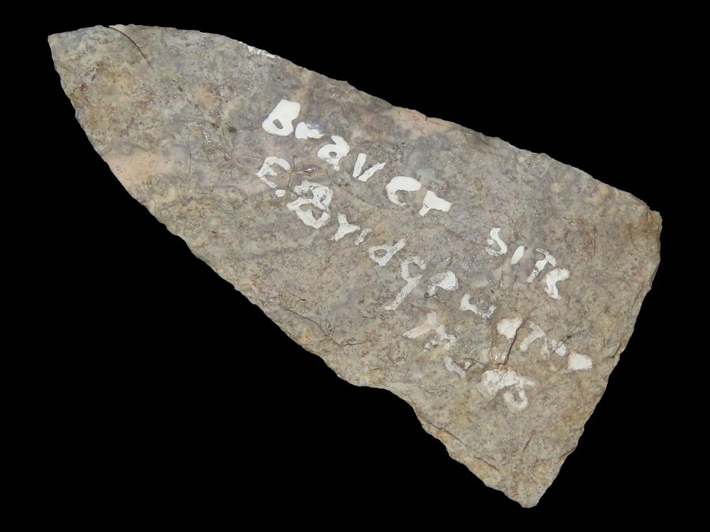 1 7/8" Clarksville Point, Gray Rhyolite, Found 1920-1930, Marvin Farm/Beaver Site, Attleboro 