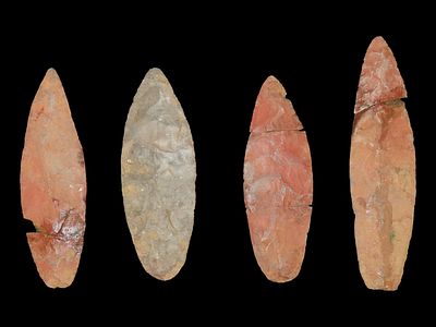 Cache of 4 Red Ocher Blades, Largest is 7", Found at Cahokia Mounds in the Early 1900s, One 