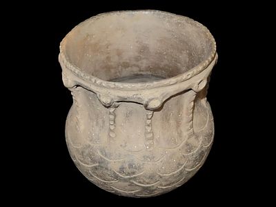 5 7/8" x 5" Mississippian Fish Scale Effigy Jar, Intricate Detail, Minor Restoration