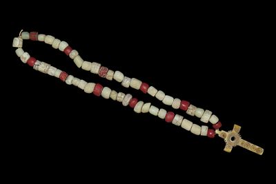 Strand of Dutch Trade Beads with Engraved Ivory Cross, Fur Trade Era