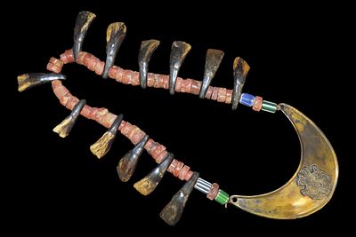Plains Native American Buffalo Tooth Necklace with Brass Gorget and Trade Beads
