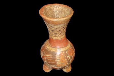 7" Tall Pre-Columbian Style Polychrome Tripod Guatemalan Ceramic Vase