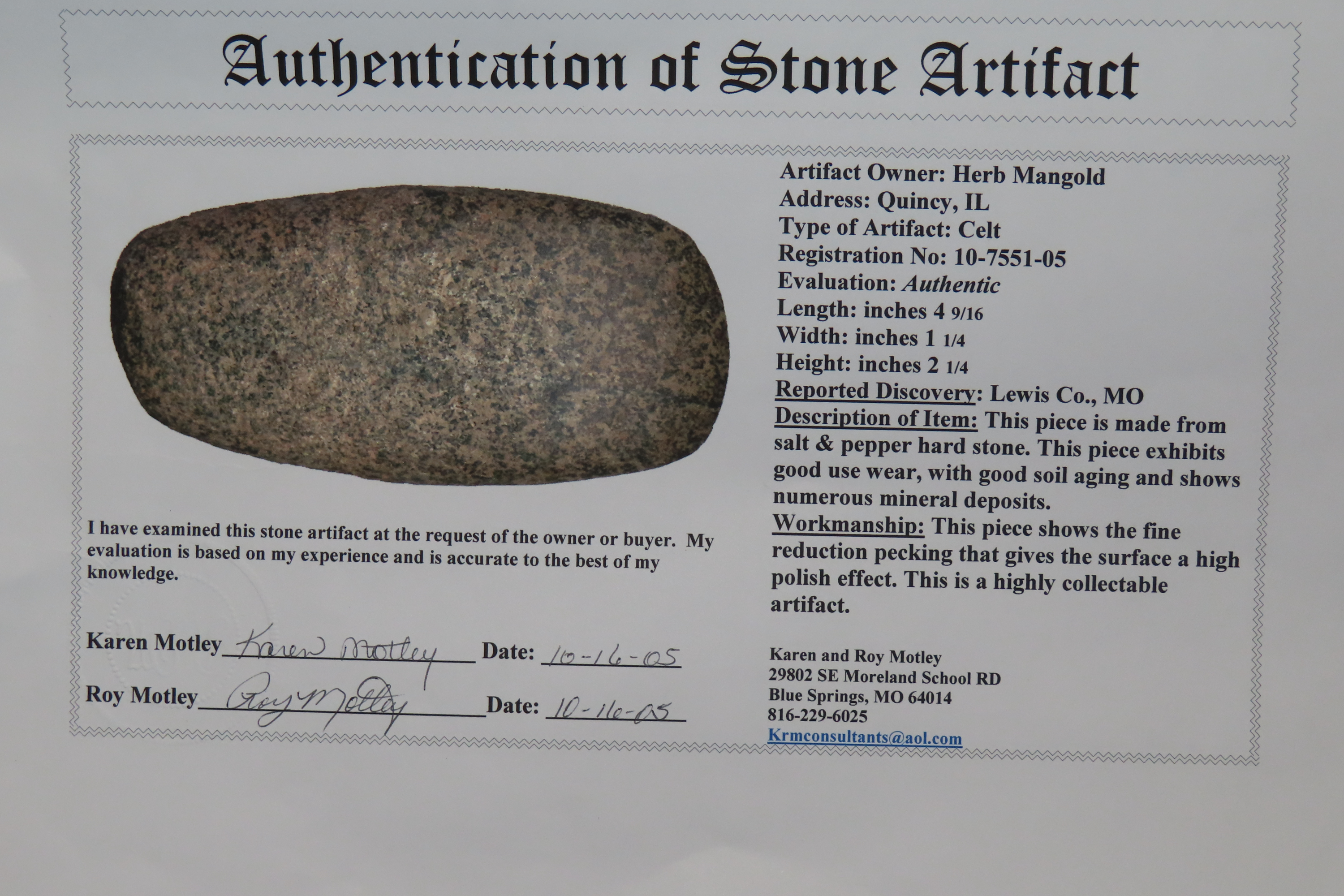 4 9/16" Celt, Motley COA, Lewis Co., Missouri, Ex. Herb Mangold