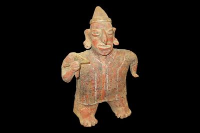 11 1/8" x 7 3/4" Pre-Columbian Nayarit Warrior Figure, Western Mexico, 300 BCE - 500 CE