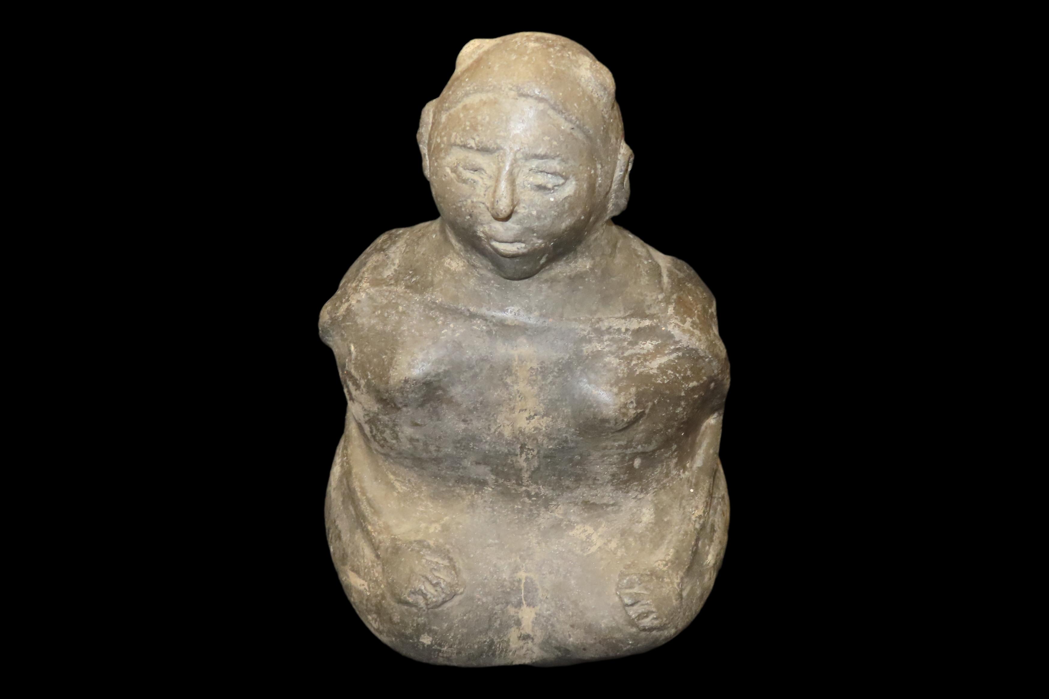 8" x 5 1/8" Mississippian Human Effigy Bottle, Ceramic, Two Collection Stickers and Painted Initial on Bottom