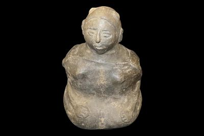 8" x 5 1/8" Mississippian Human Effigy Bottle, Ceramic, Two Collection Stickers and Painted 