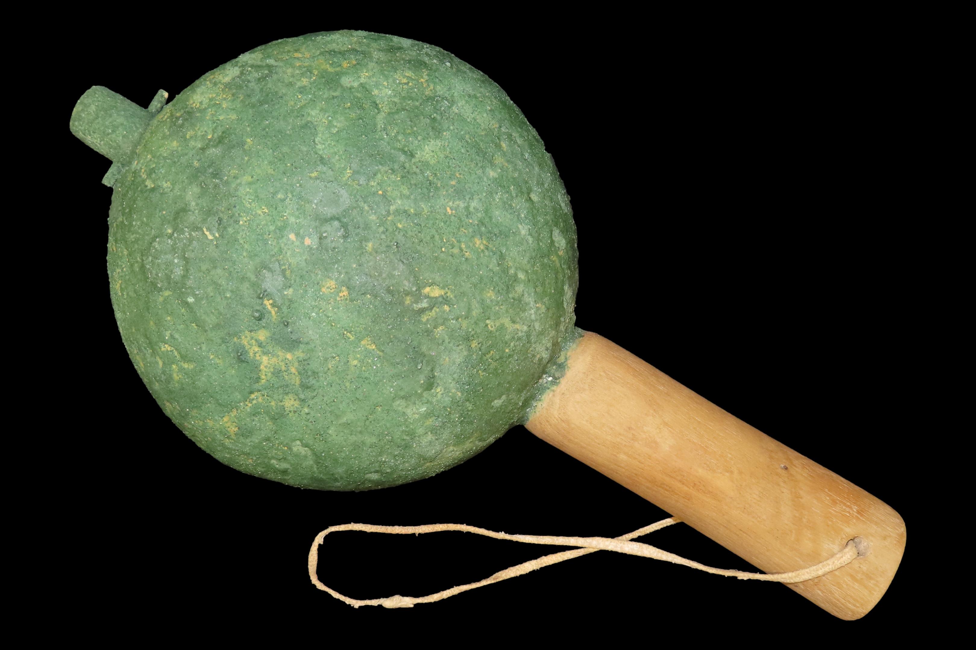 12 3/8" x 6 1/2" Hopi Gourd Rattle with Green Mineral Pigment