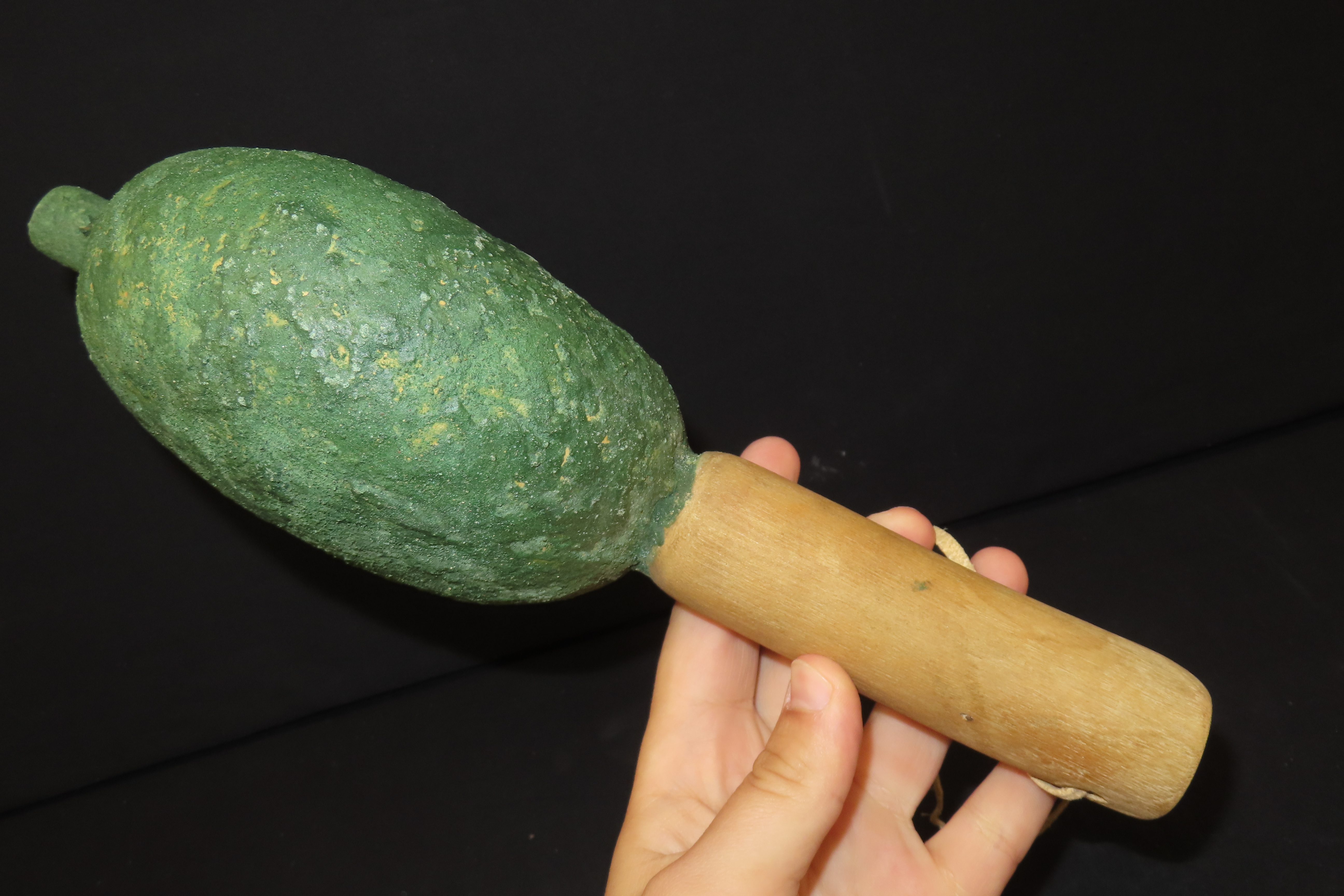 12 3/8" x 6 1/2" Hopi Gourd Rattle with Green Mineral Pigment