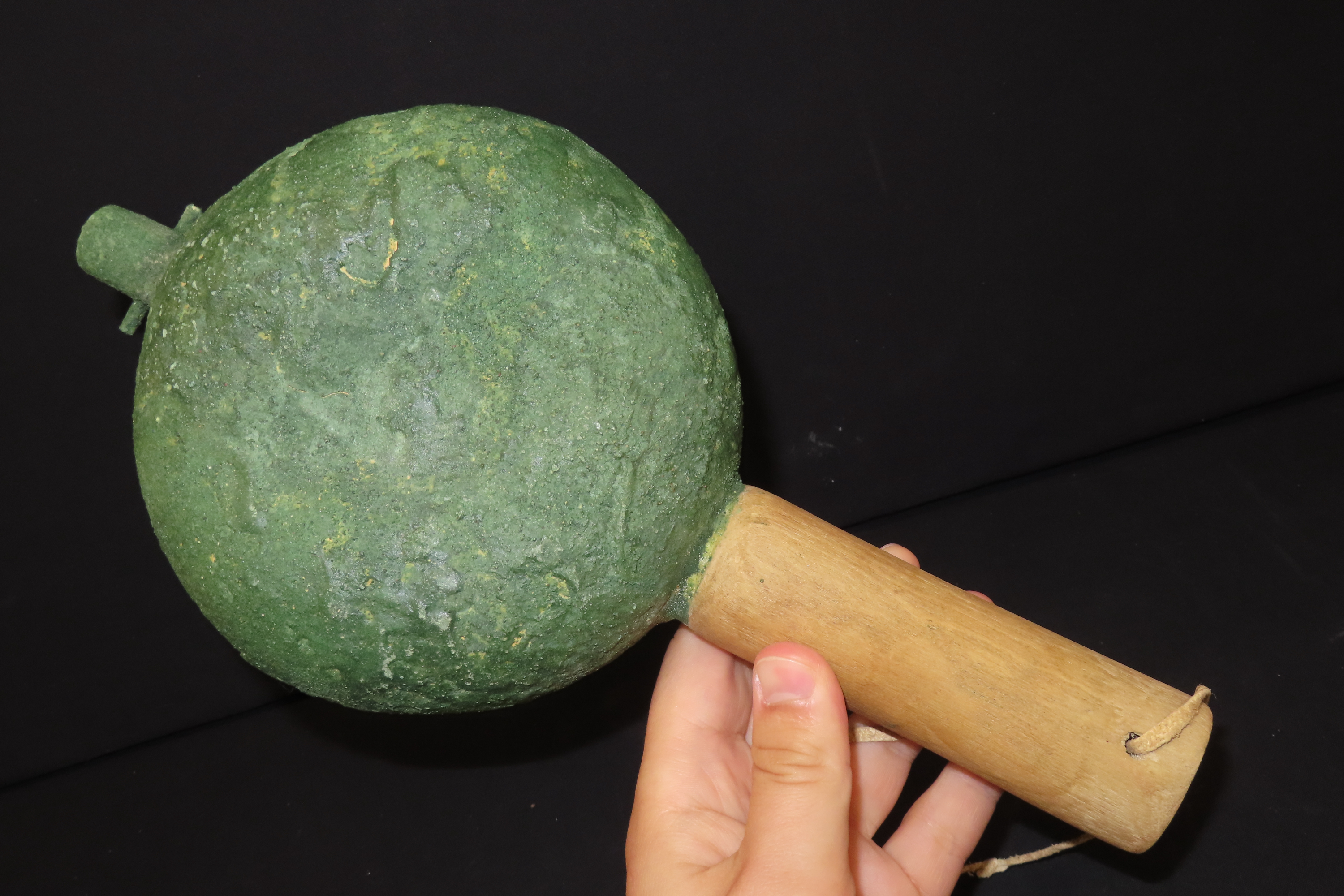12 3/8" x 6 1/2" Hopi Gourd Rattle with Green Mineral Pigment