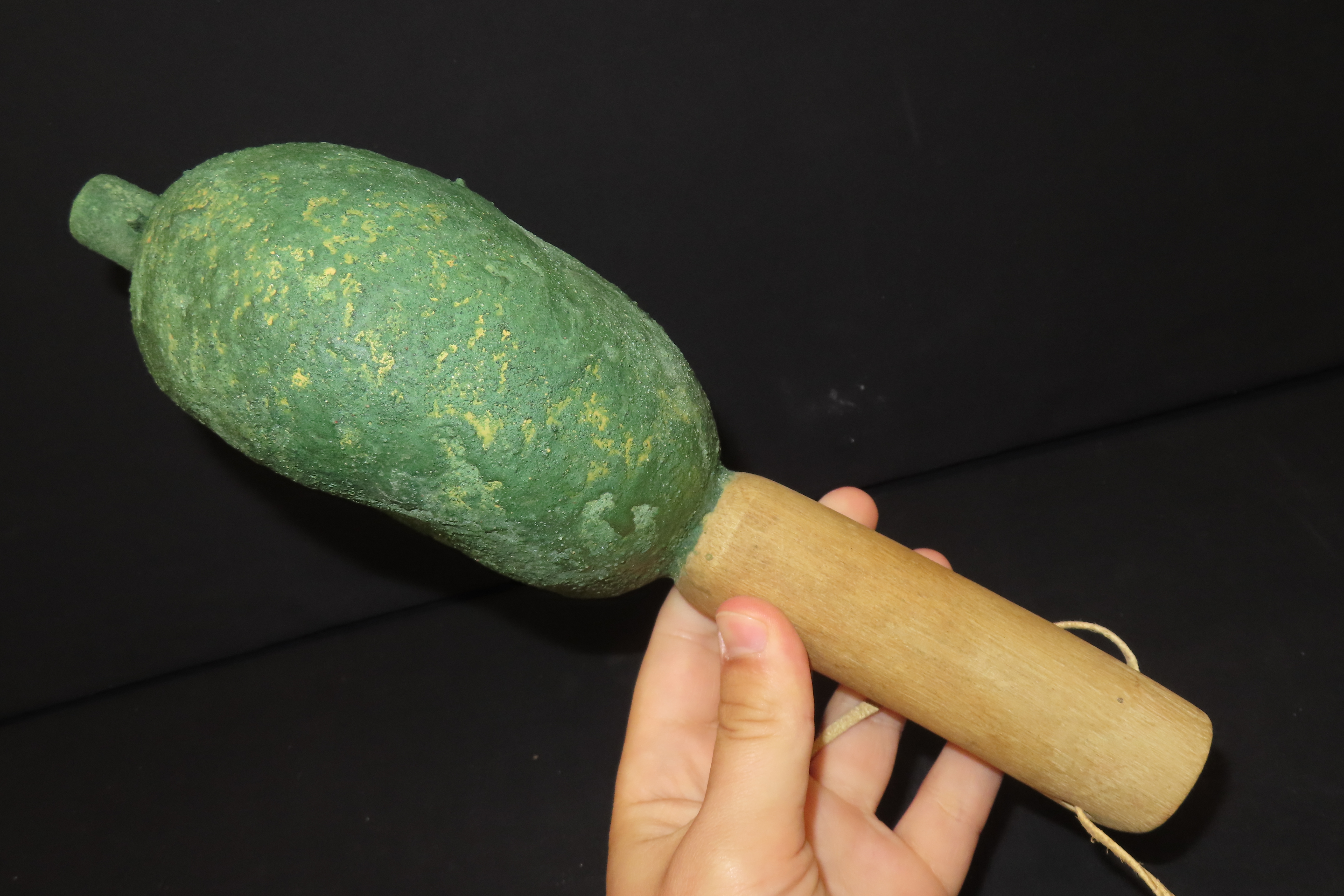 12 3/8" x 6 1/2" Hopi Gourd Rattle with Green Mineral Pigment