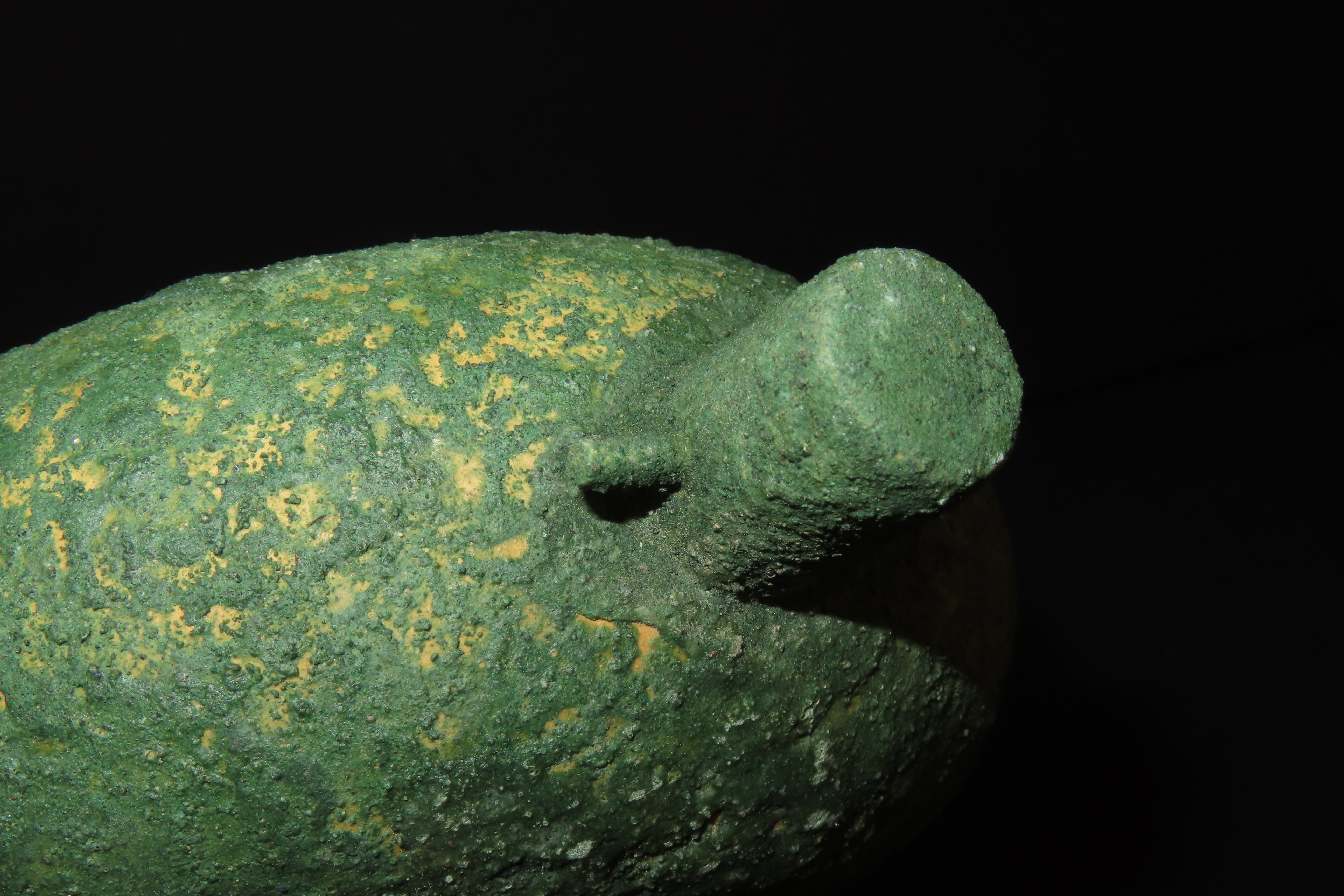 12 3/8" x 6 1/2" Hopi Gourd Rattle with Green Mineral Pigment
