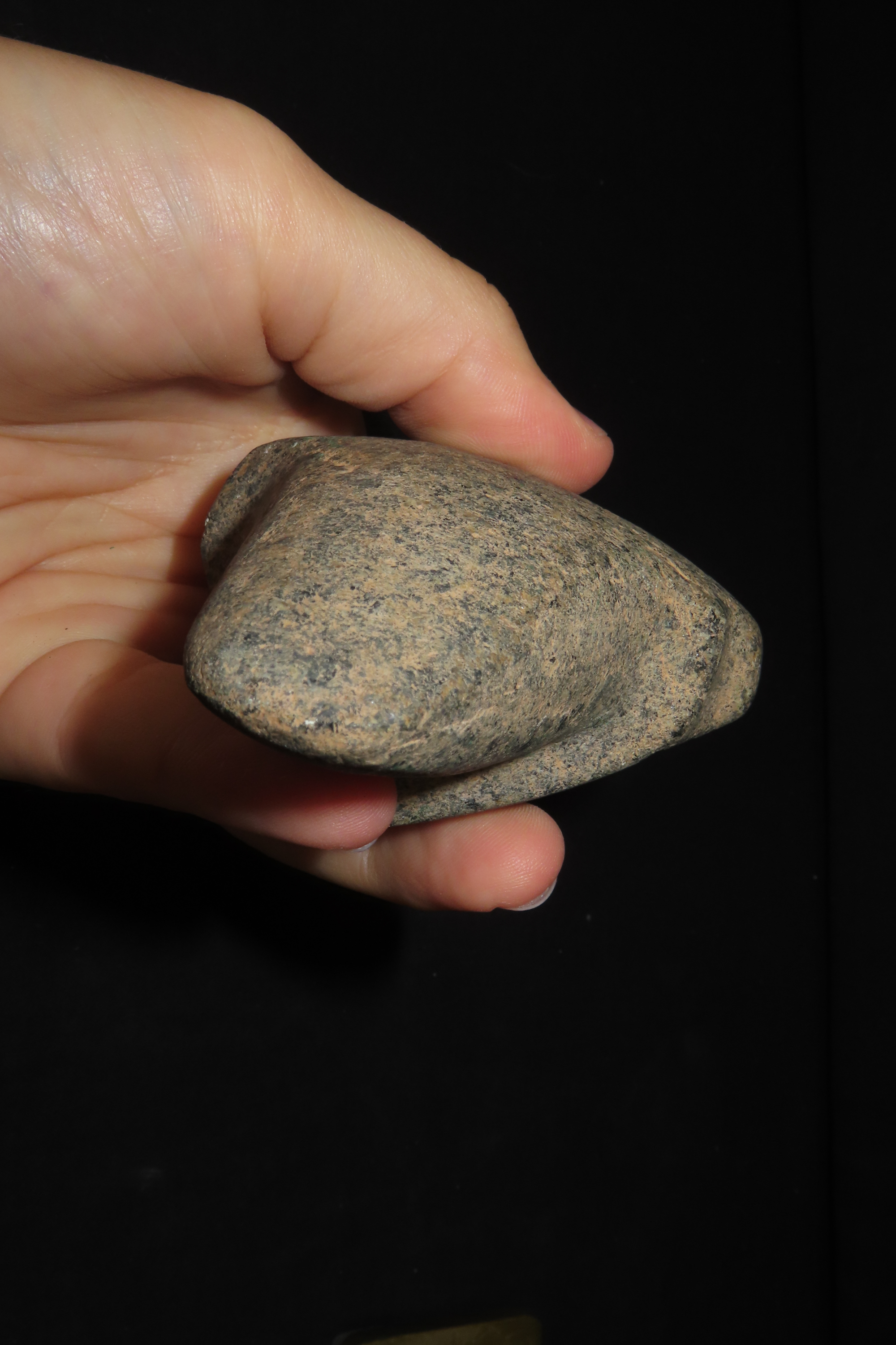 5 1/2" x 3 3/4" Pre-Columbian Mezcala Maskette #1, Rio Balsas Region, Guerrero, Mexico, Custom Display Stand