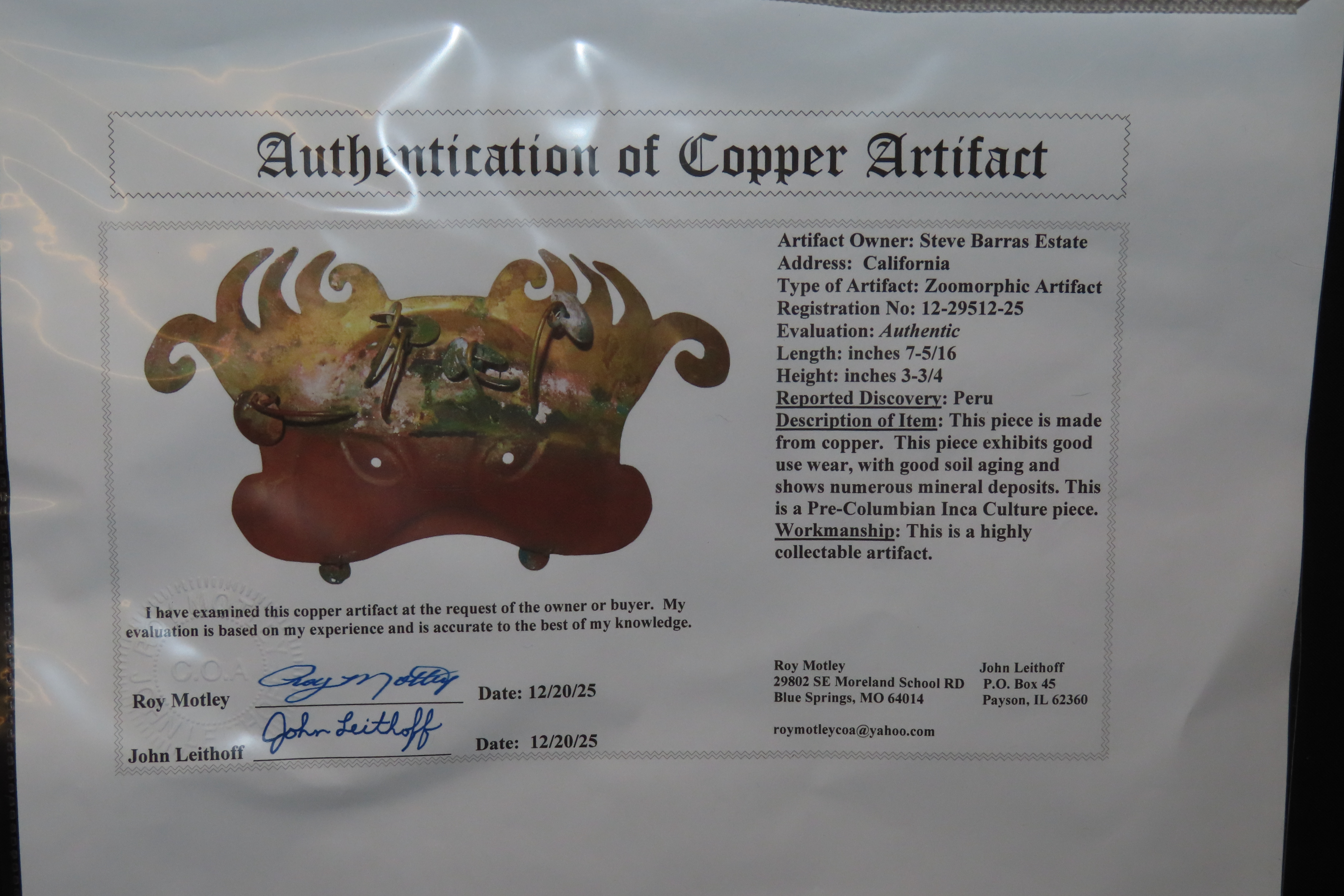 7 5/16" x 3 3/4" Zoomorphic Artifact, Motley & Leithoff COA