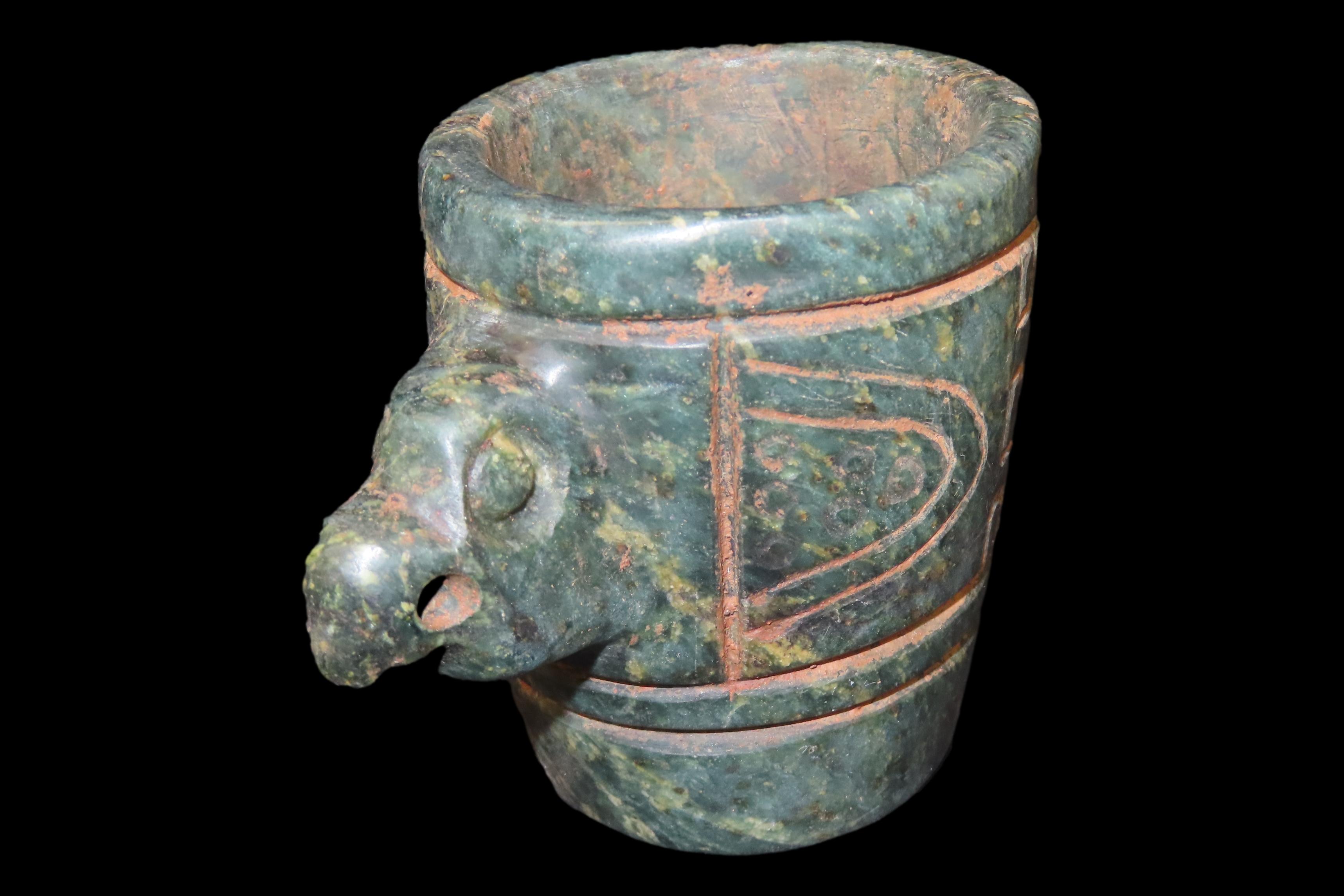 3 3/8" x 2 7/8" Pre-Columbian Falcon Effigy Offering Cup, Motley & Leithoff COA, Belize