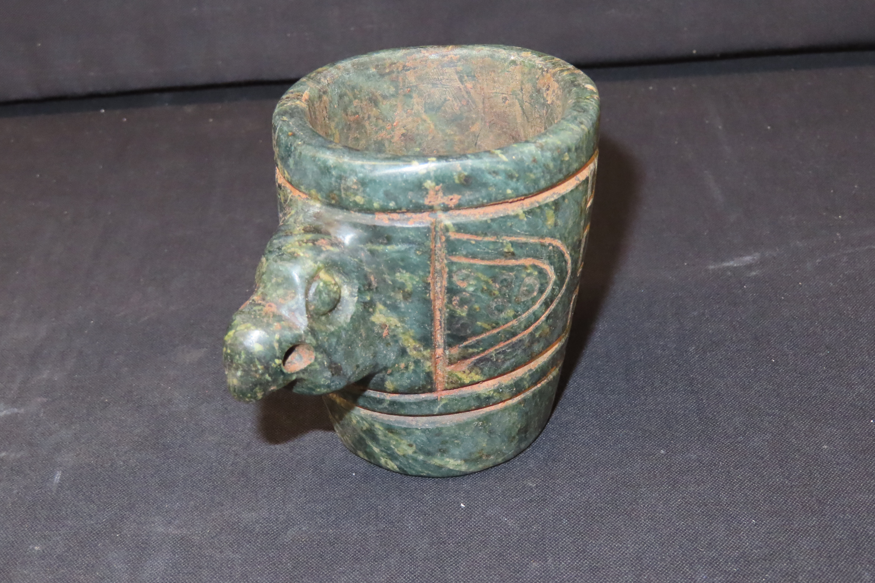 3 3/8" x 2 7/8" Pre-Columbian Falcon Effigy Offering Cup, Motley & Leithoff COA, Belize
