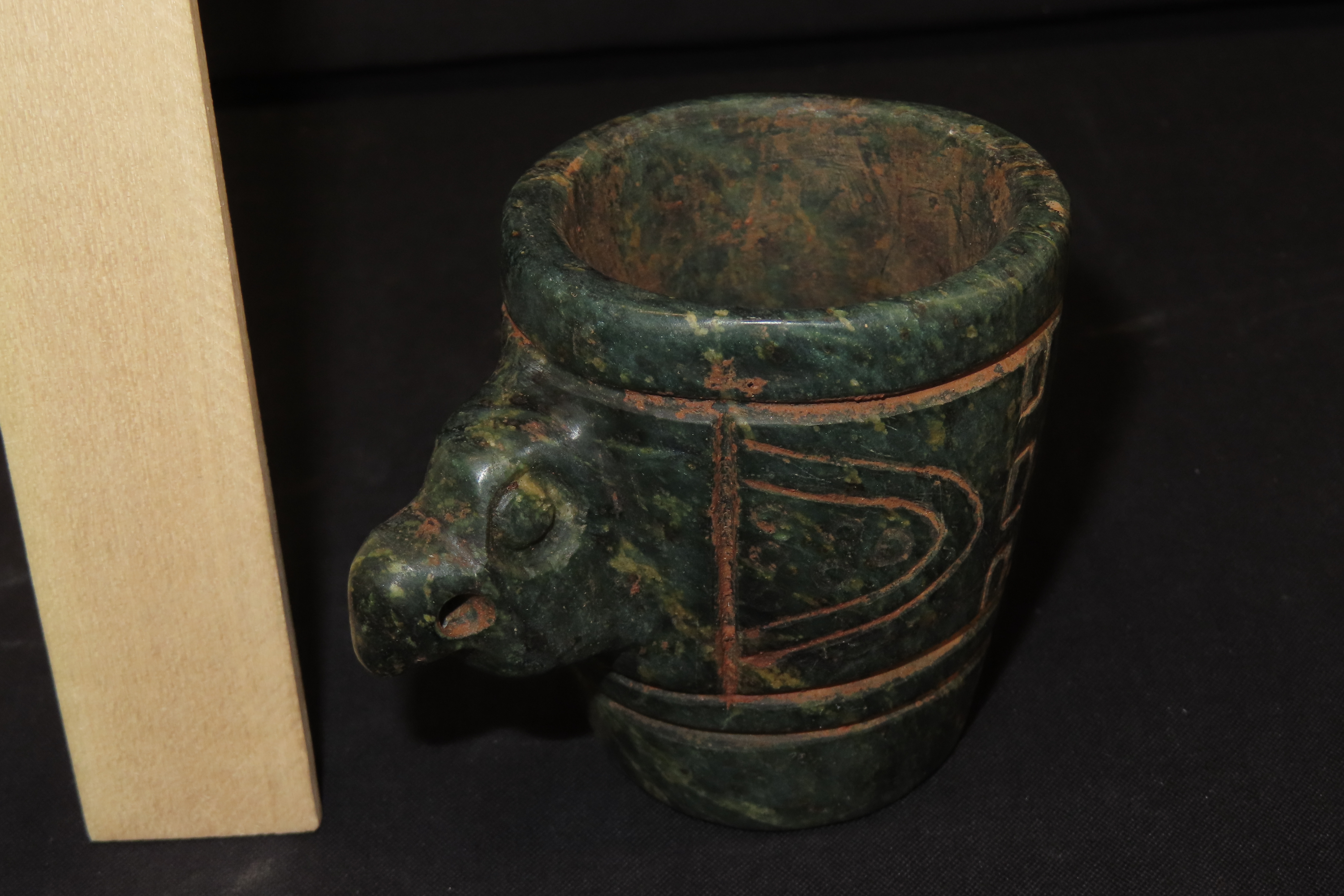 3 3/8" x 2 7/8" Pre-Columbian Falcon Effigy Offering Cup, Motley & Leithoff COA, Belize
