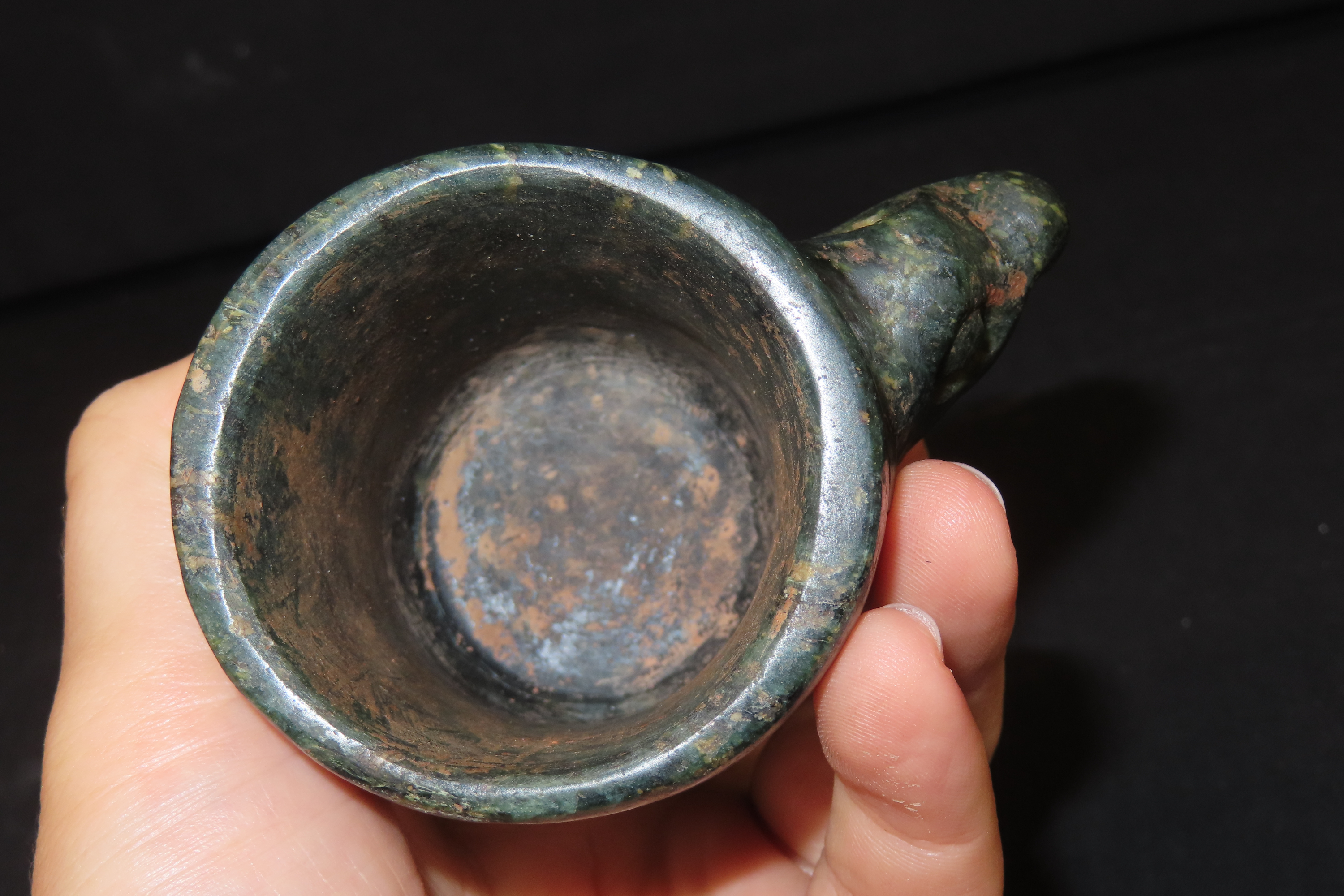 3 3/8" x 2 7/8" Pre-Columbian Falcon Effigy Offering Cup, Motley & Leithoff COA, Belize