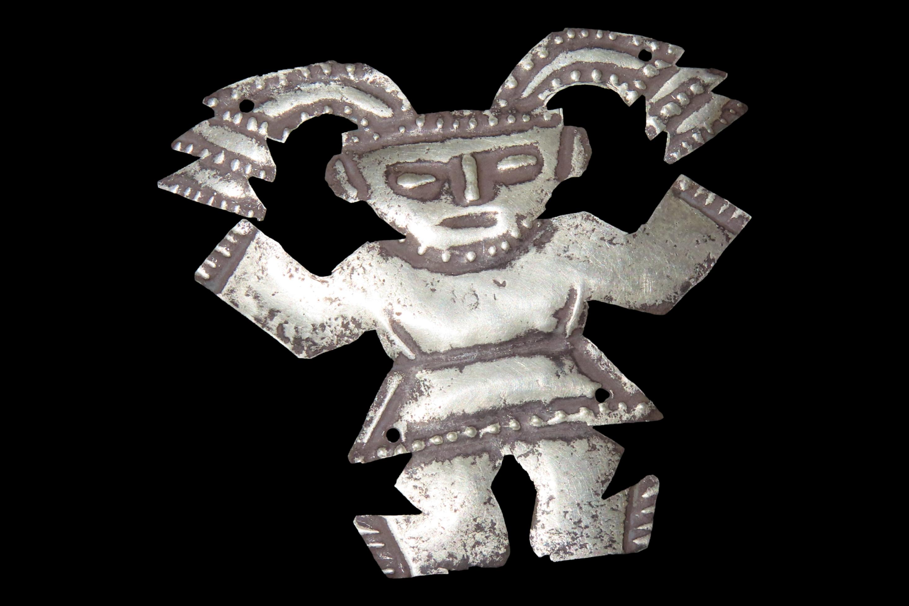 1 7/8" x 2 3/8" Pre-Columbian Silver Human Effigy Ornament, Peru