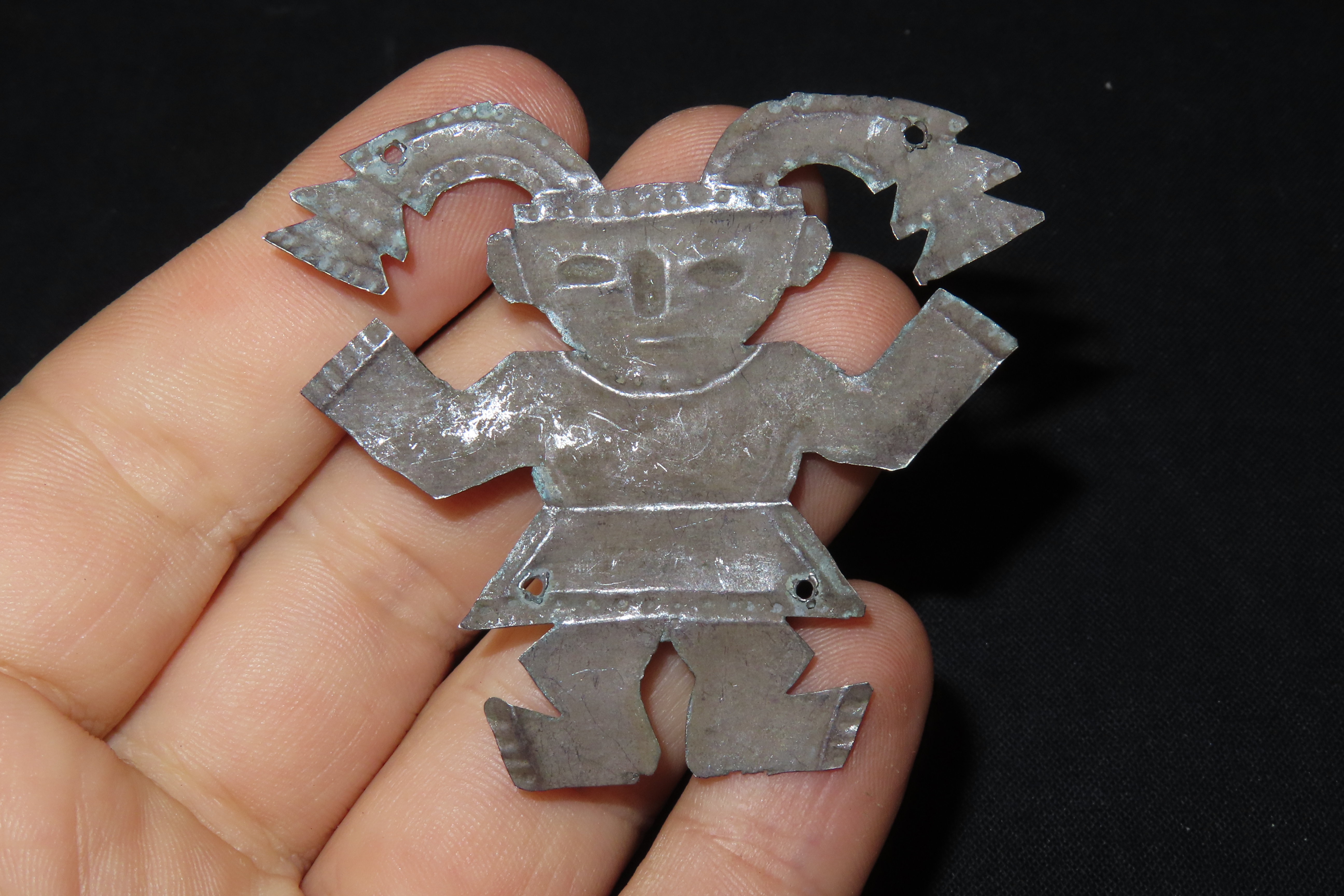 1 7/8" x 2 3/8" Pre-Columbian Silver Human Effigy Ornament, Peru