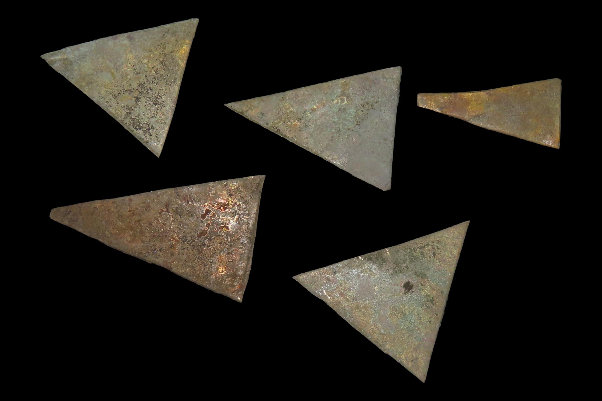 Group of 5 Pre-Columbian Ornamental Tumbaga Arrowheads, Ecuador, Found in a Cache of Over 1,000 Points