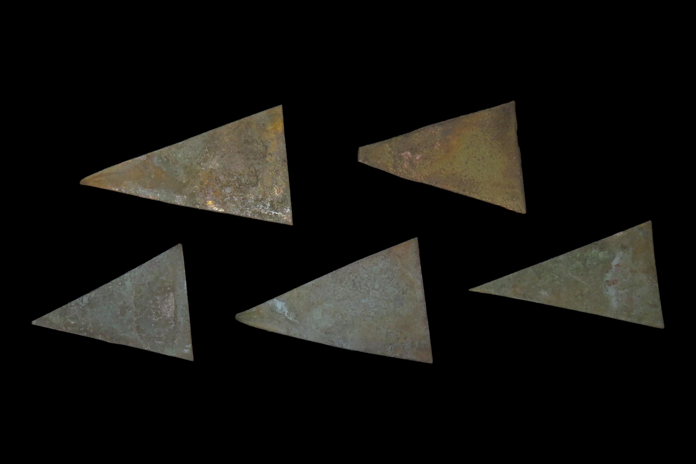 Group of 5 Pre-Columbian Ornamental Tumbaga Arrowheads, Ecuador, Found in a Cache of Over 1,000 Points