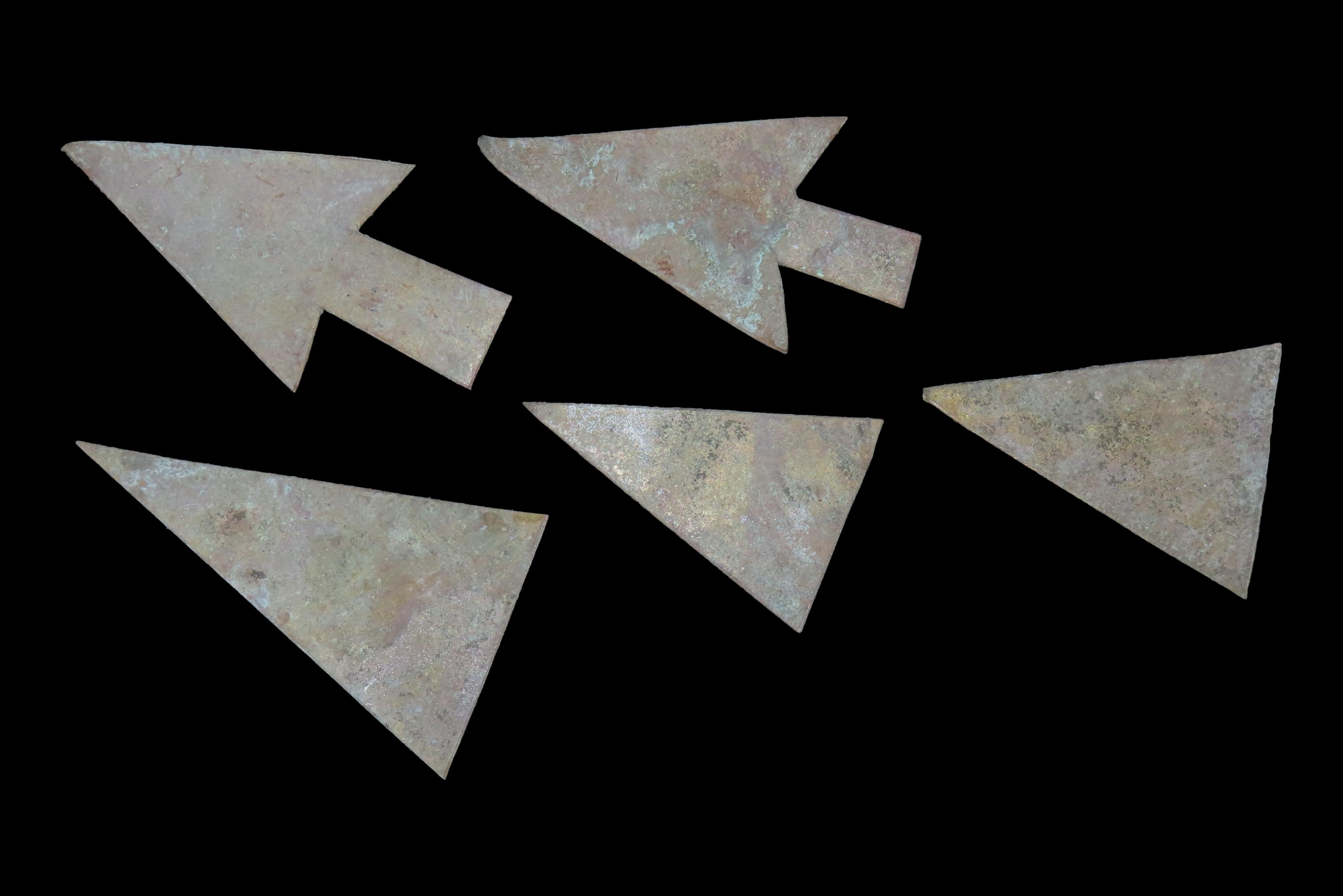 Group of 5 Pre-Columbian Ornamental Tumbaga Arrowheads, Ecuador, Found in a Cache of Over 1,000 Points