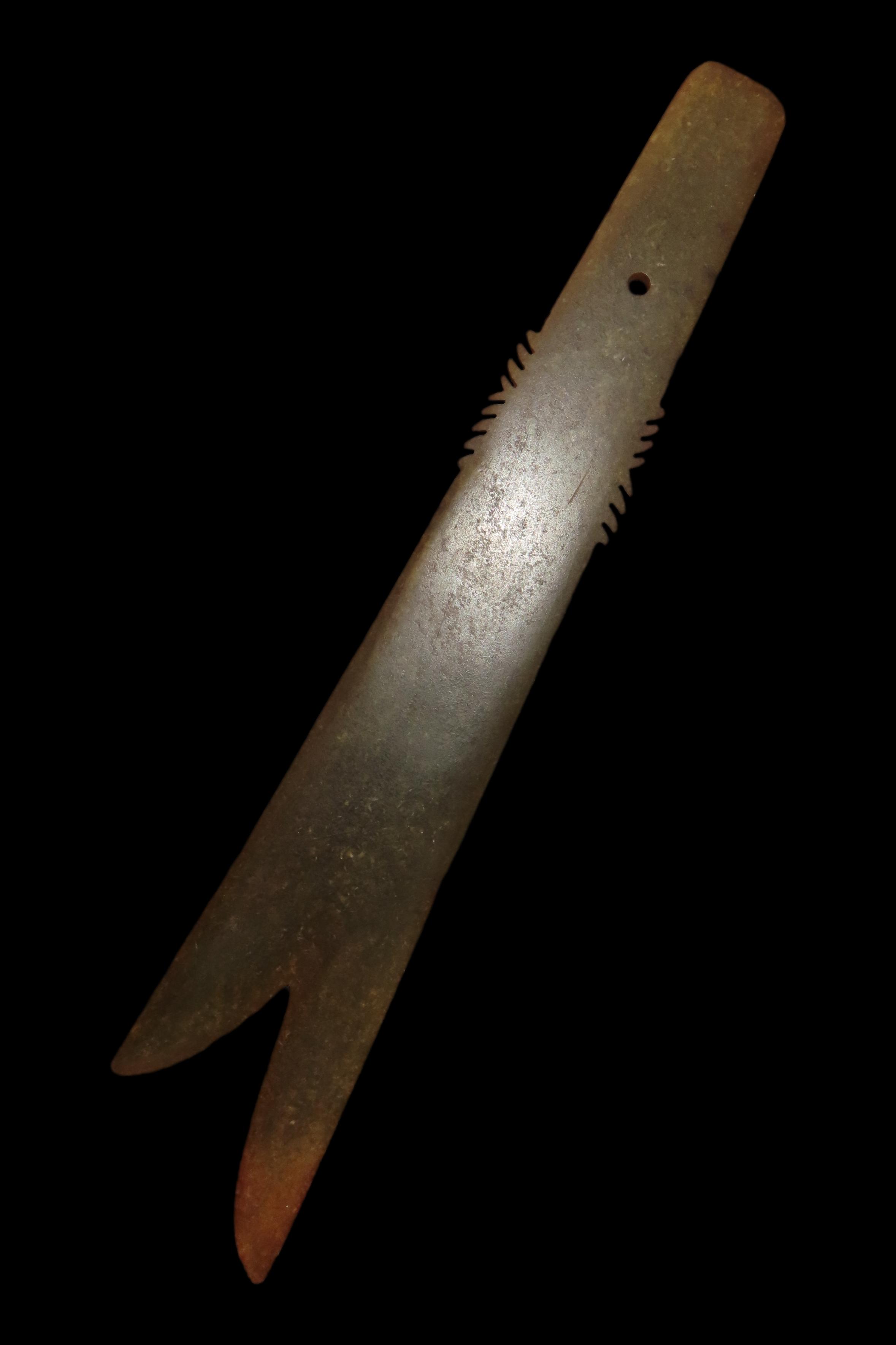 12 3/8" x 2" Ancient Chinese Ceremonial Dagger, Thin Translucent Jade