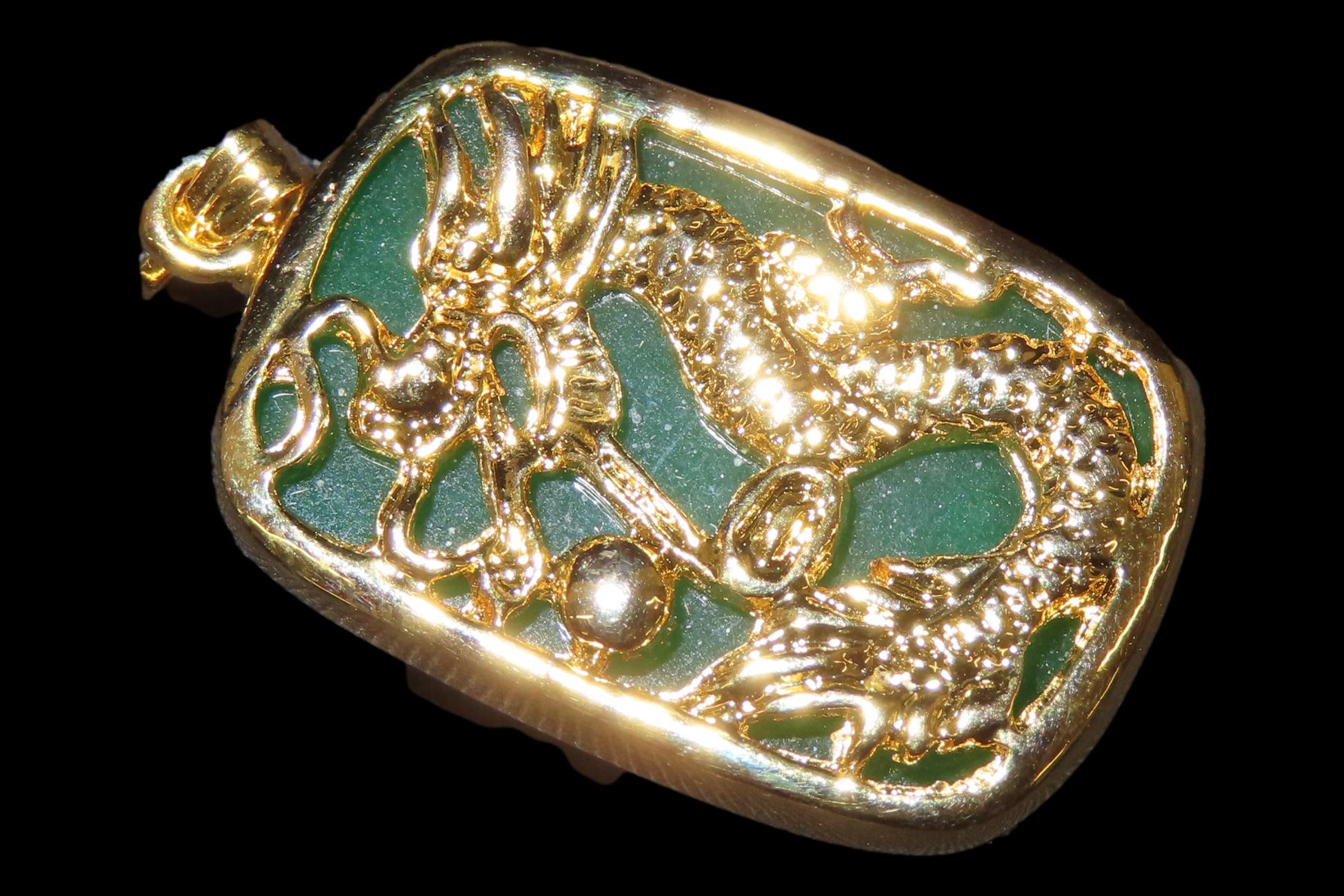 1" x 5/8" Chinese Green Jade Pendant with Gold Dragon