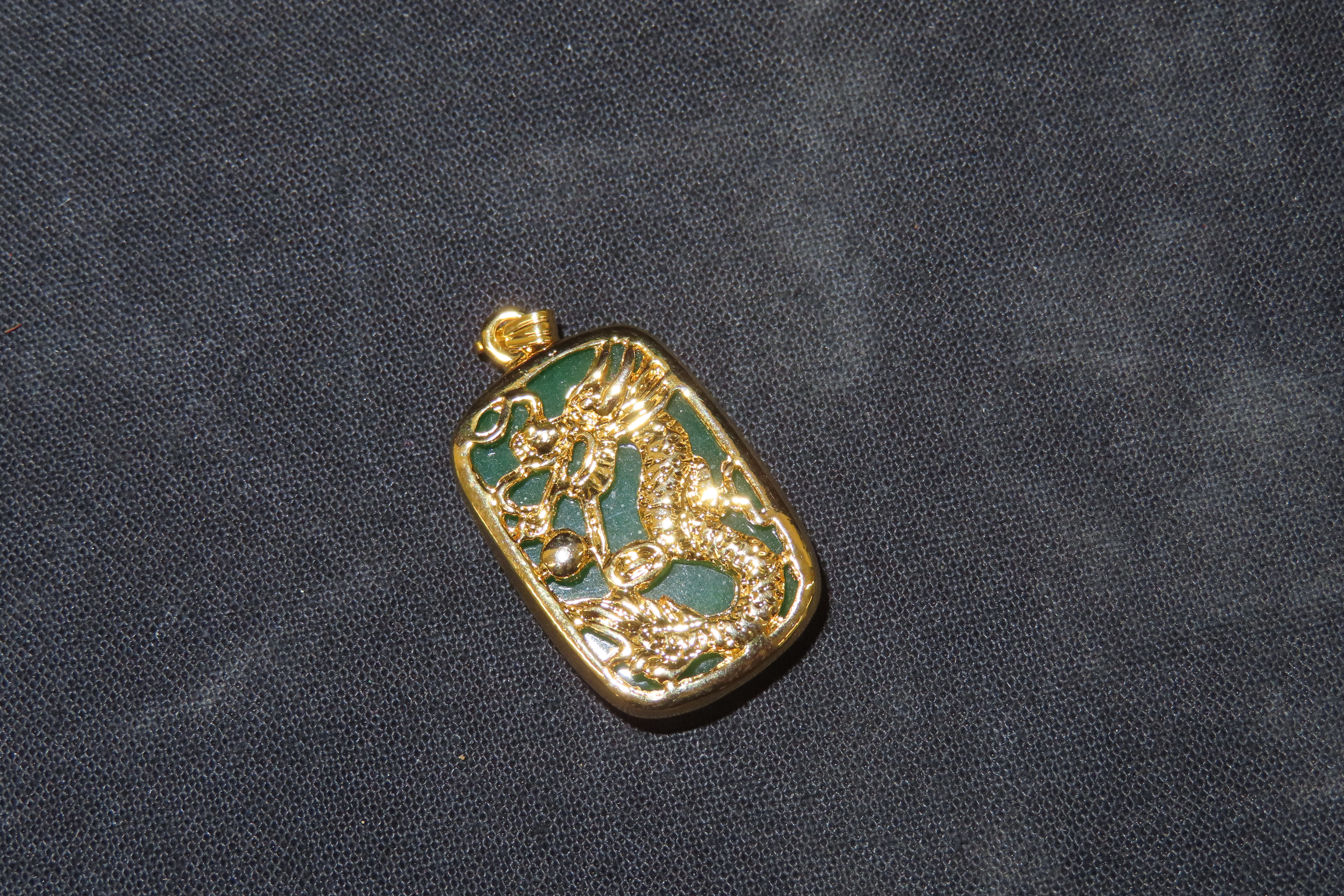 1" x 5/8" Chinese Green Jade Pendant with Gold Dragon