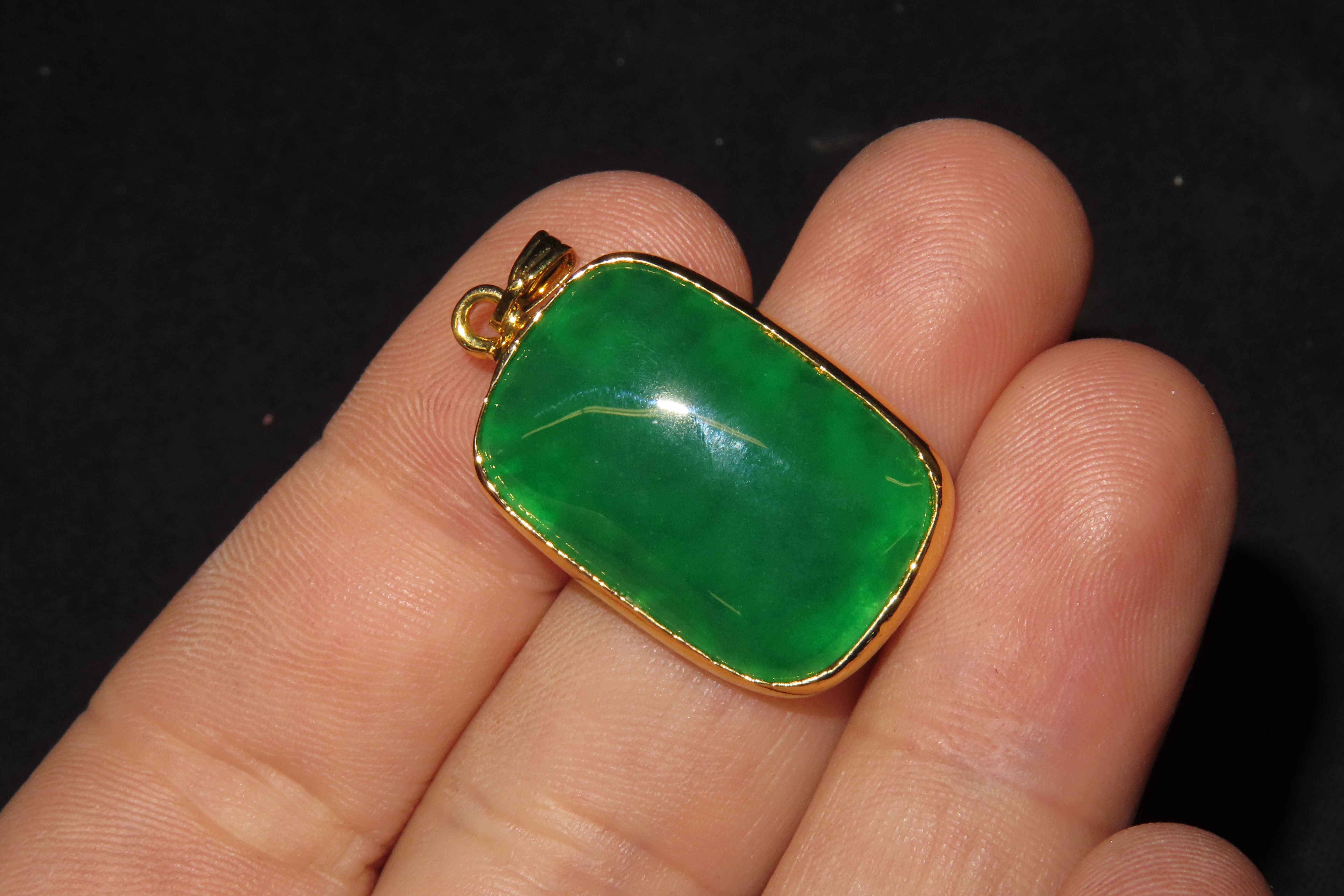 1" x 5/8" Chinese Green Jade Pendant with Gold Dragon