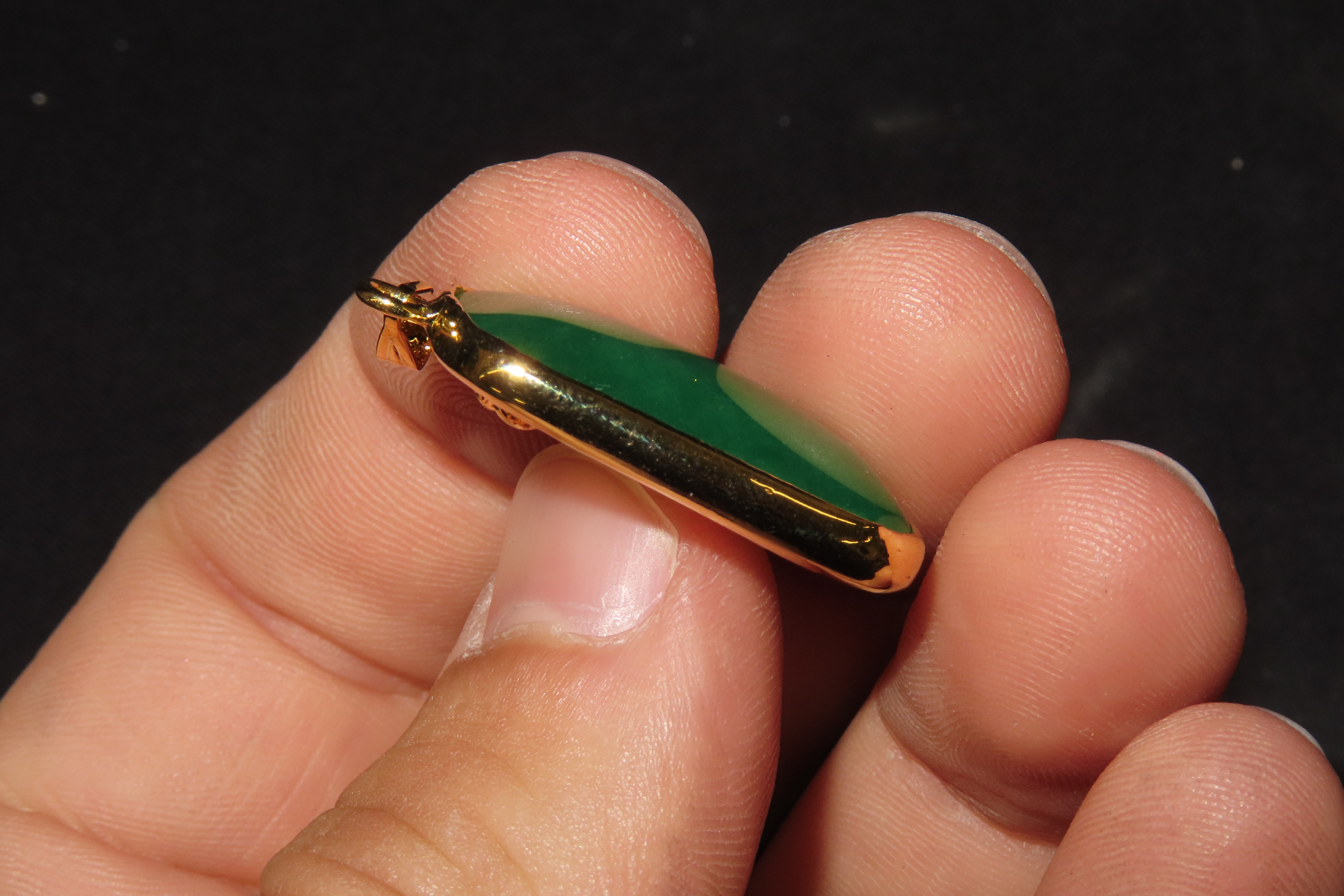 1" x 5/8" Chinese Green Jade Pendant with Gold Dragon