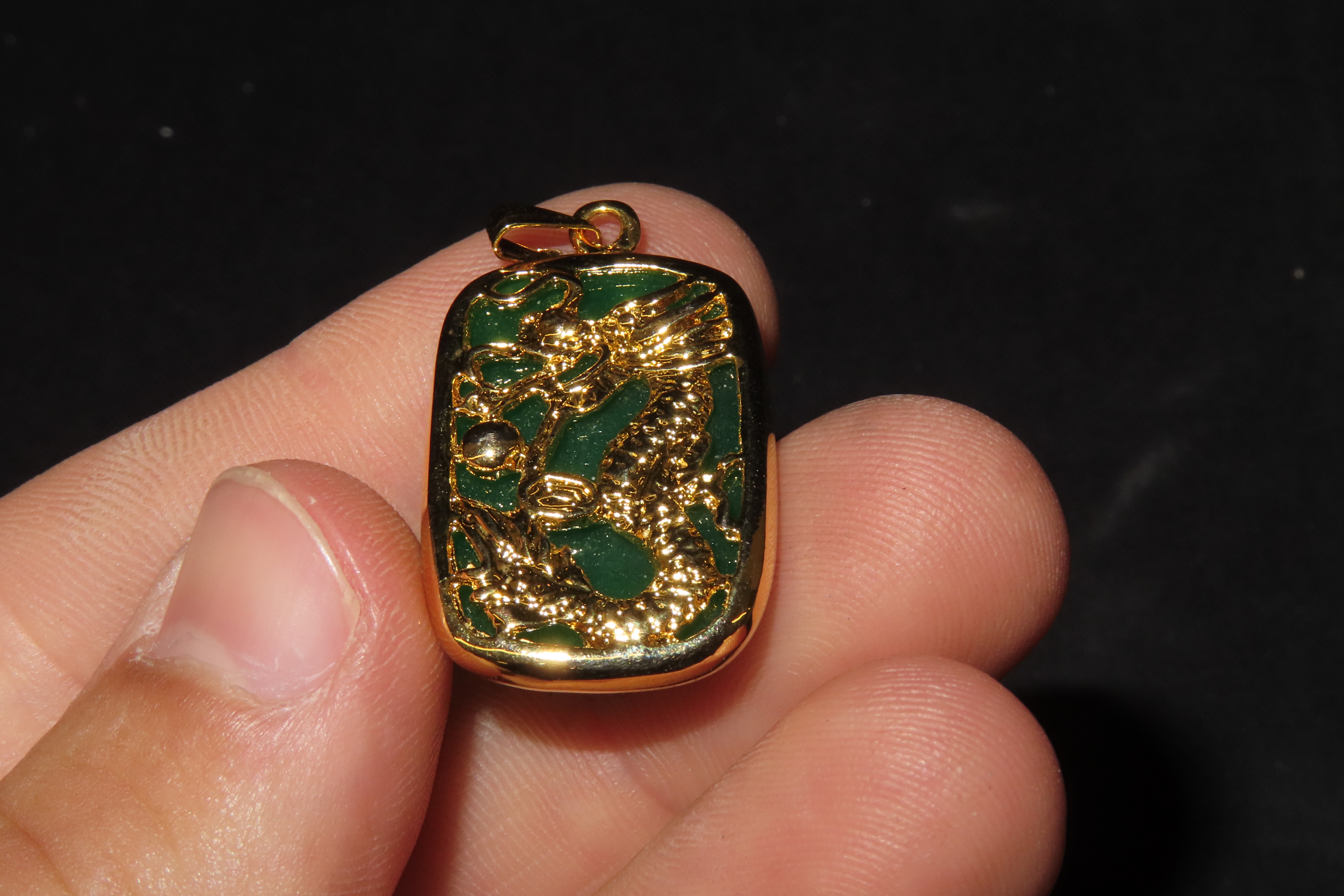 1" x 5/8" Chinese Green Jade Pendant with Gold Dragon