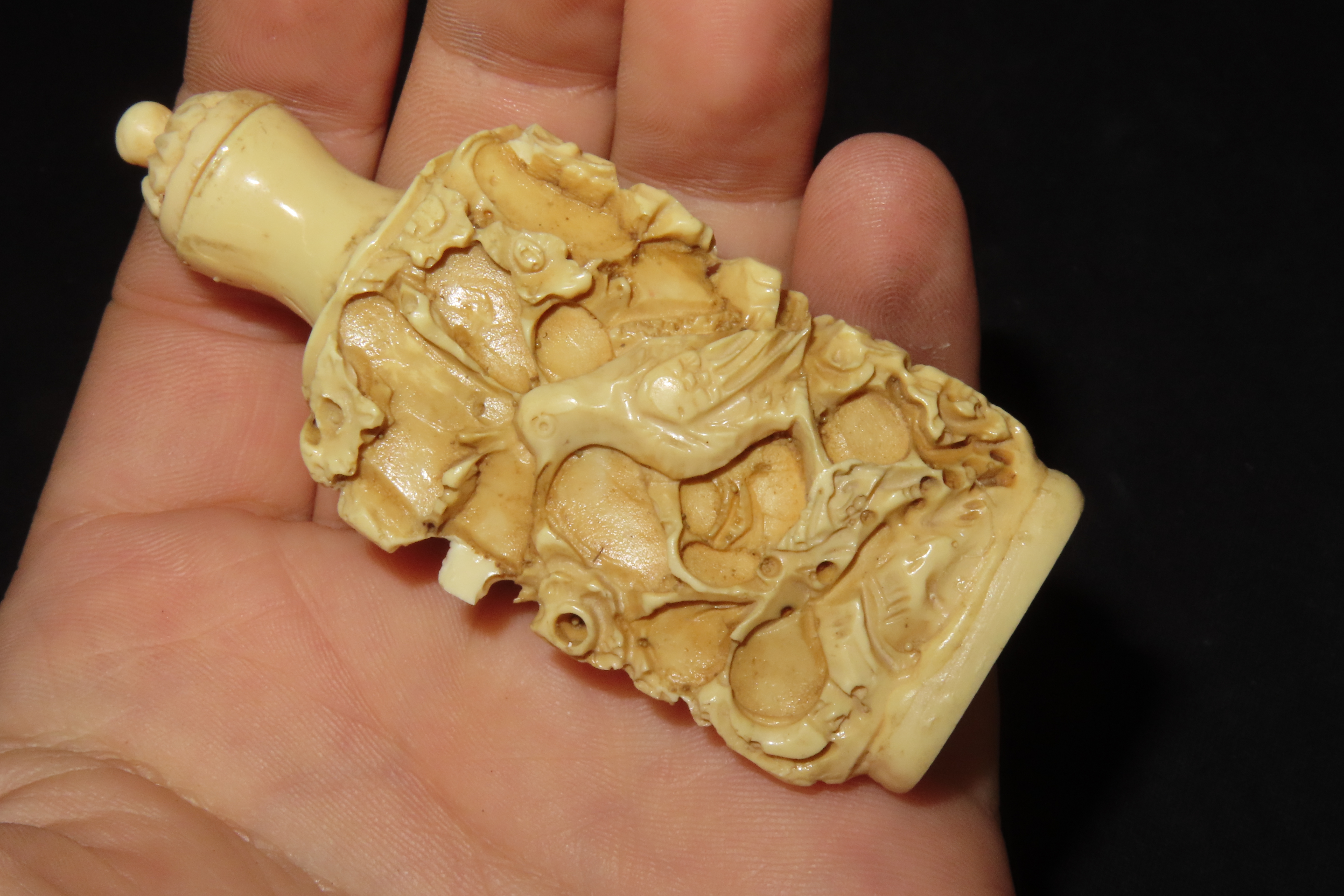 3 1/8" x 1" Chinese Carved Bone Snuff Bottle