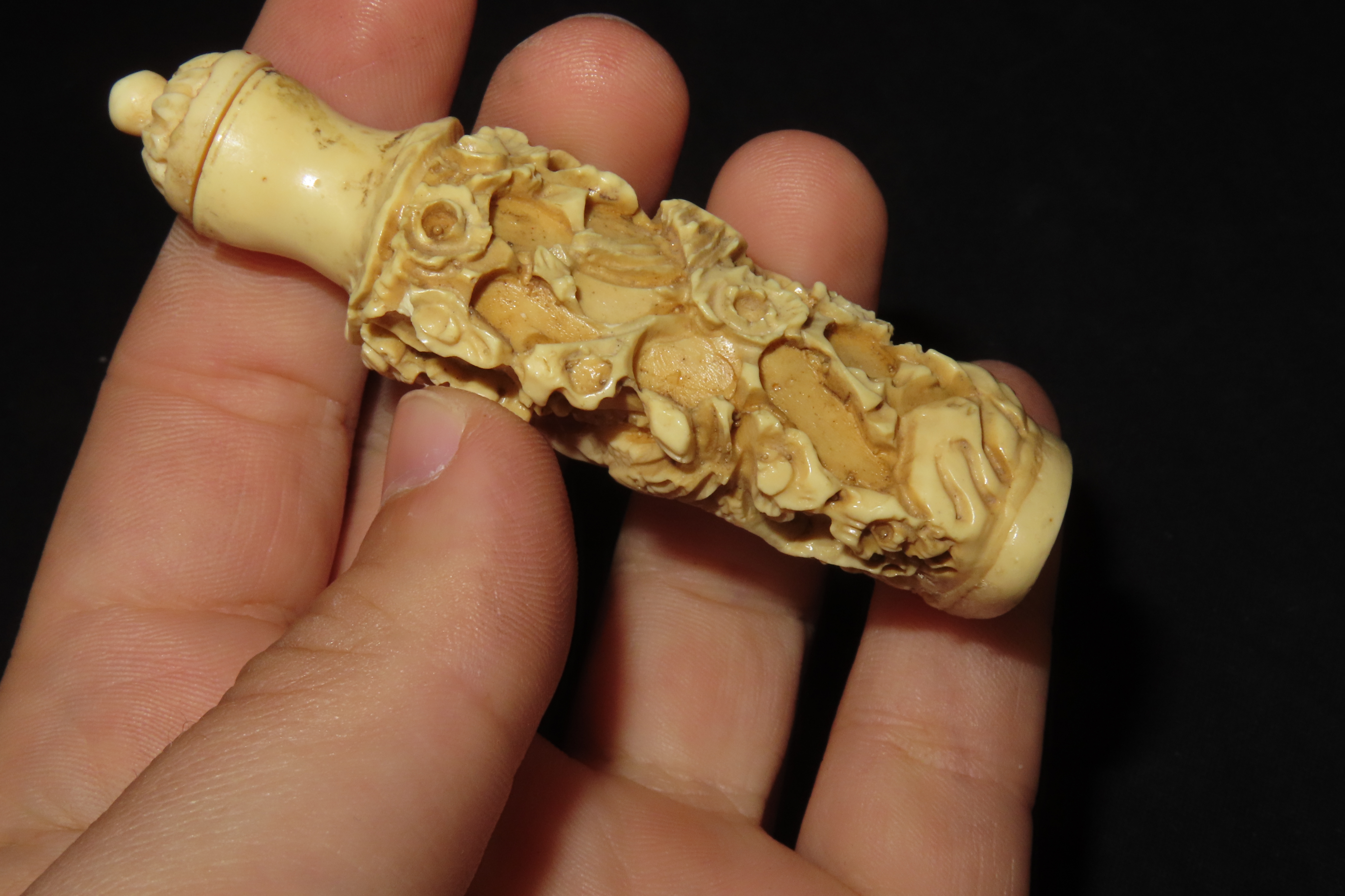 3 1/8" x 1" Chinese Carved Bone Snuff Bottle