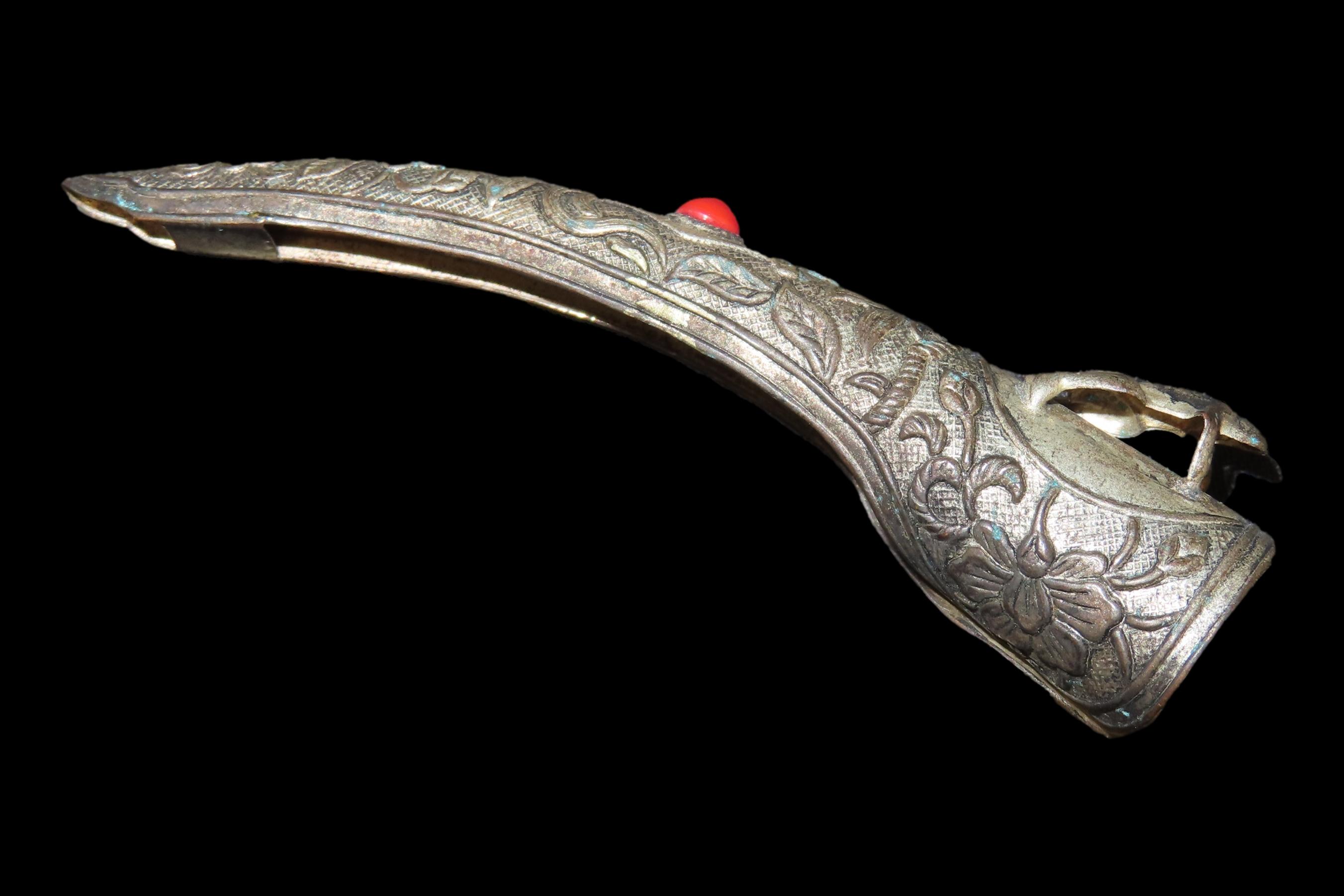 3 1/2" Burmese Metal Fingernail with Red Jewel and Frog