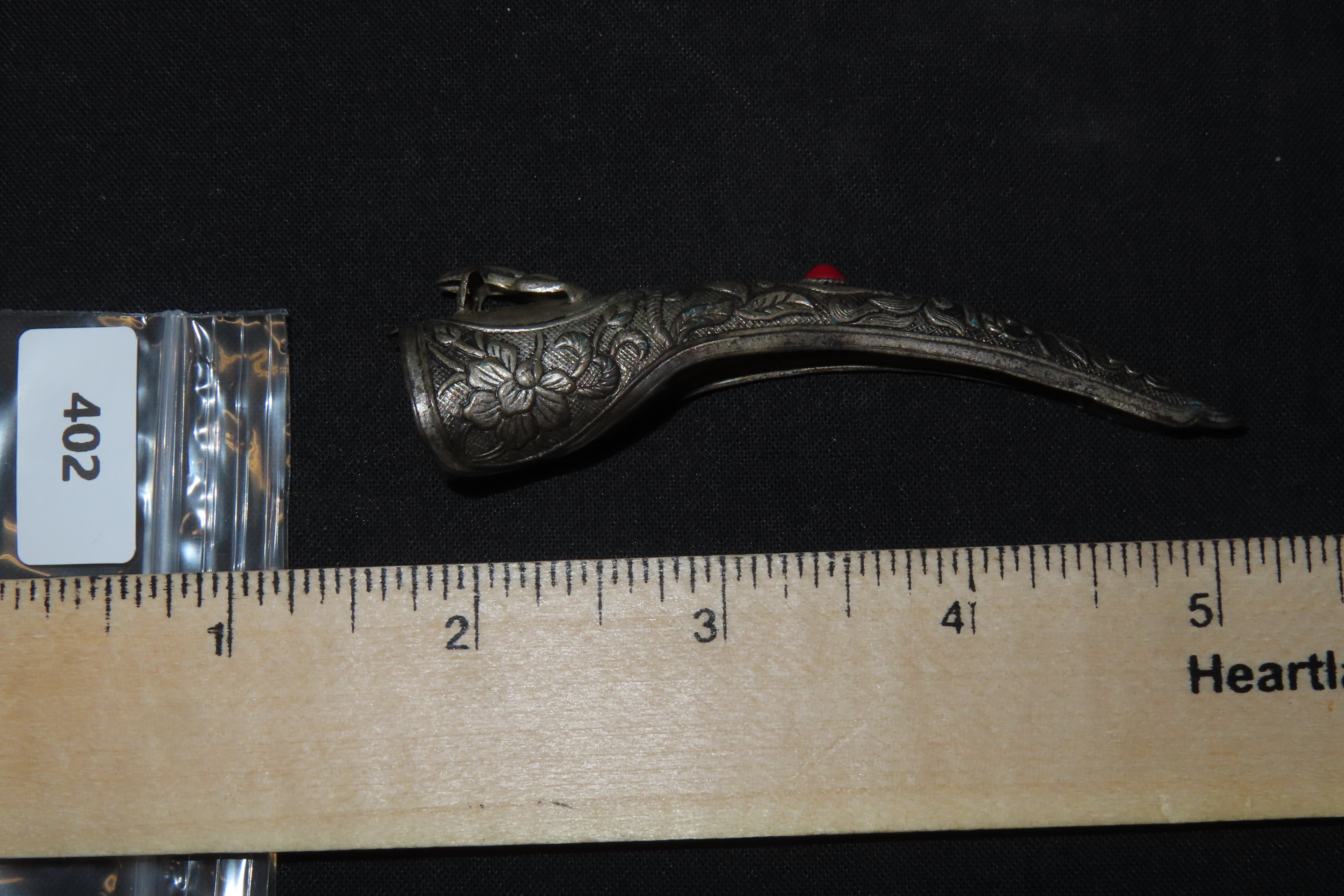 3 1/2" Burmese Metal Fingernail with Red Jewel and Frog