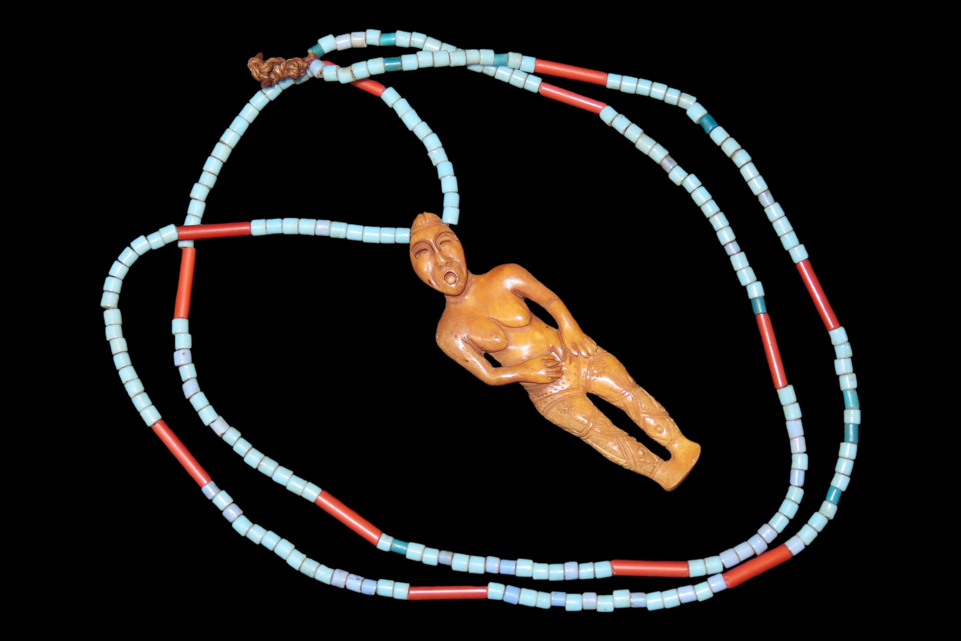19 3/4" Carved Bone Female Figure on Beaded Necklace