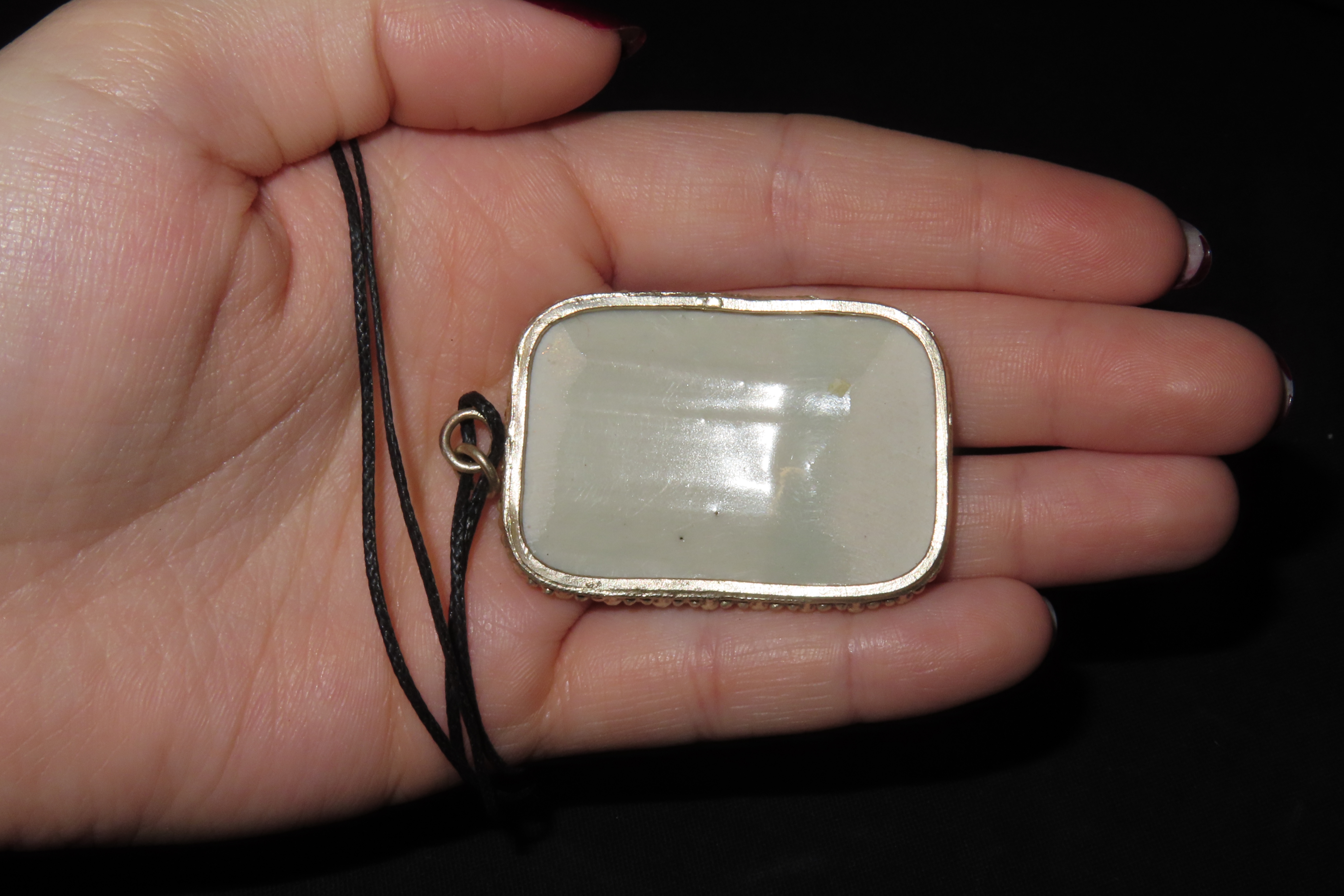 2" x 1 1/4" Painted Pottery Shard Necklace, Approximately 17 3/8" Long, China, Approximately 1,200 Years Old