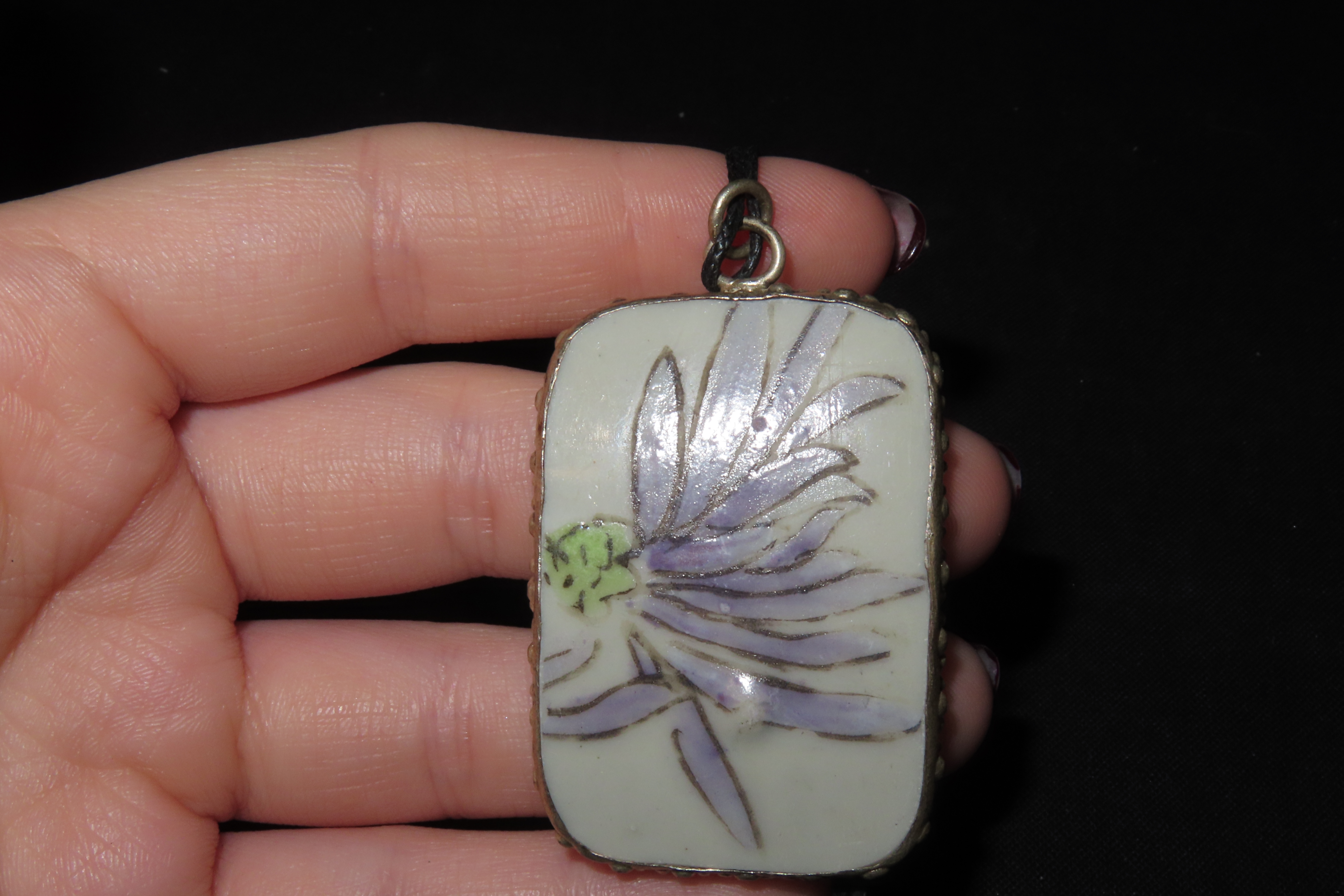 2" x 1 1/4" Painted Pottery Shard Necklace, Approximately 17 3/8" Long, China, Approximately 1,200 Years Old