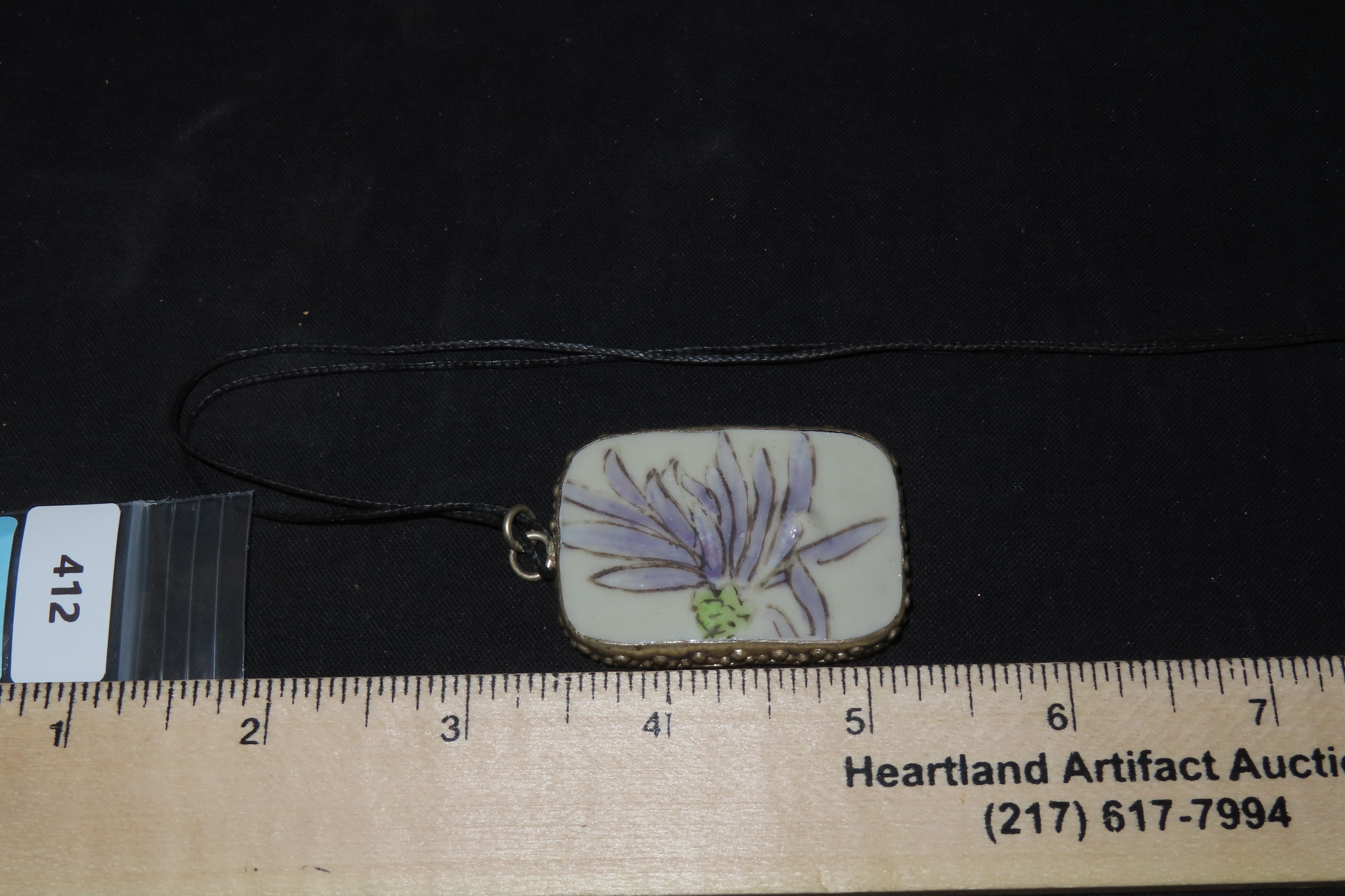 2" x 1 1/4" Painted Pottery Shard Necklace, Approximately 17 3/8" Long, China, Approximately 1,200 Years Old