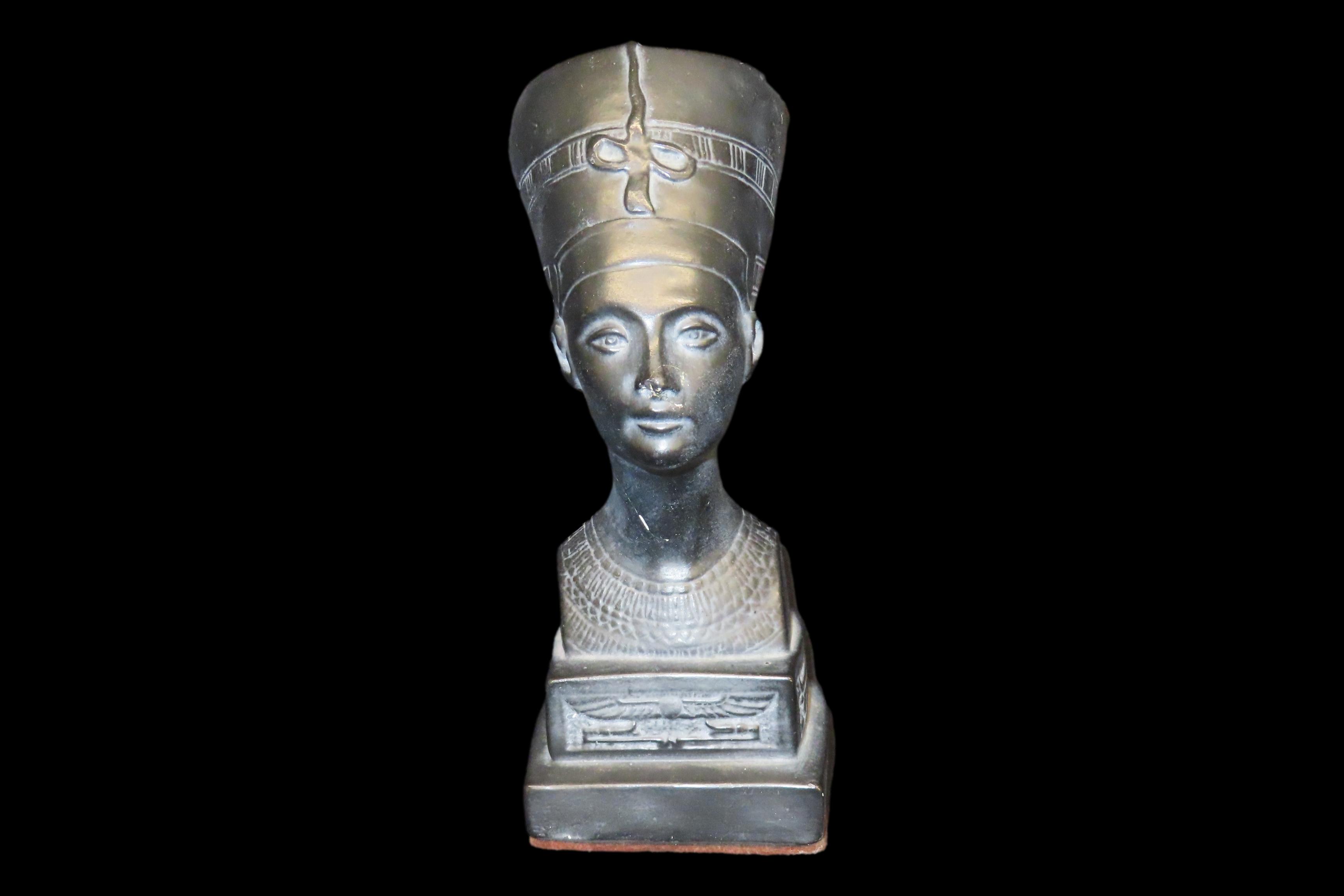 8" Tall Nefertiti Black Chalkware Bust, Cracked Around Neck