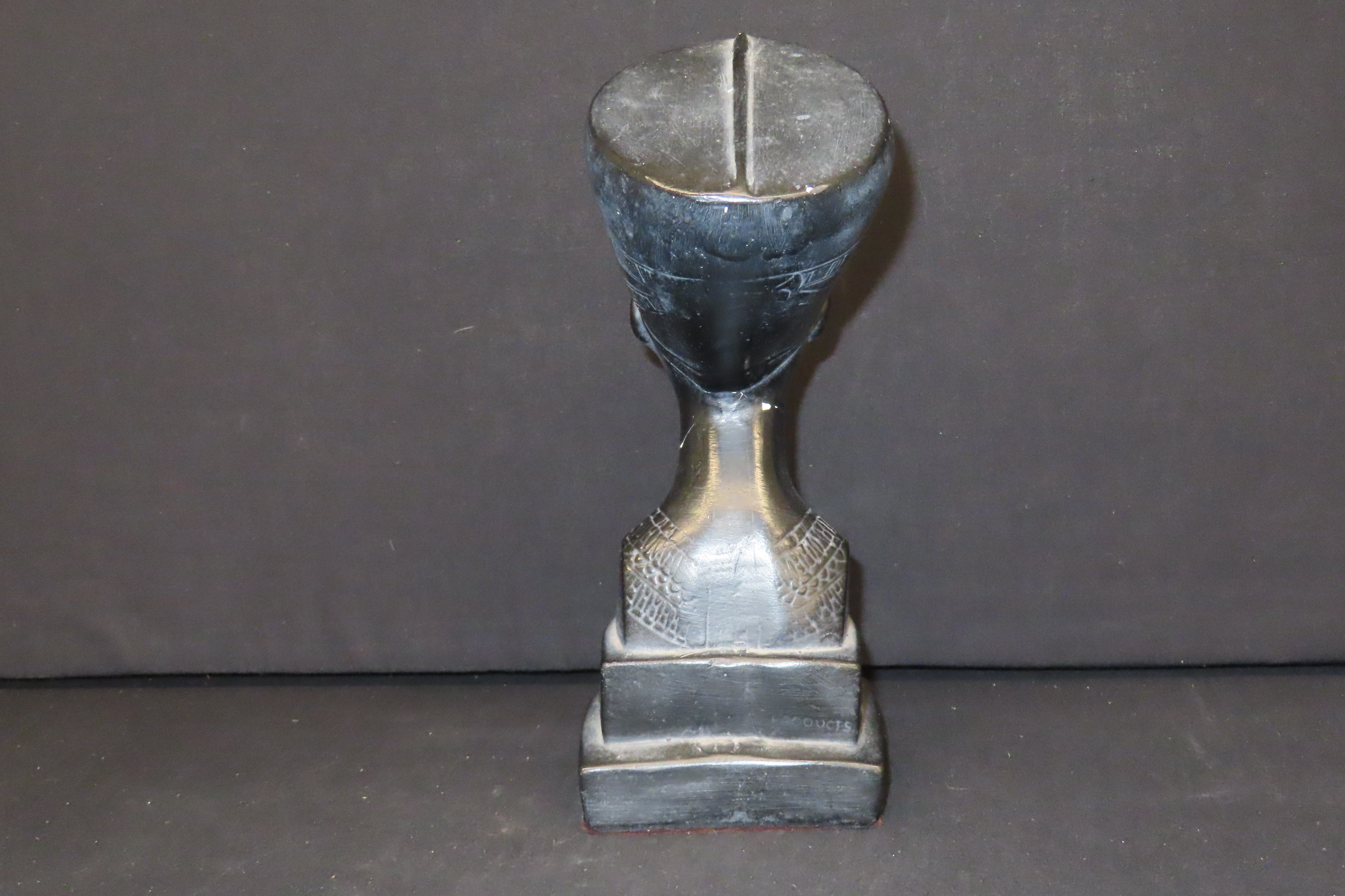8" Tall Nefertiti Black Chalkware Bust, Cracked Around Neck