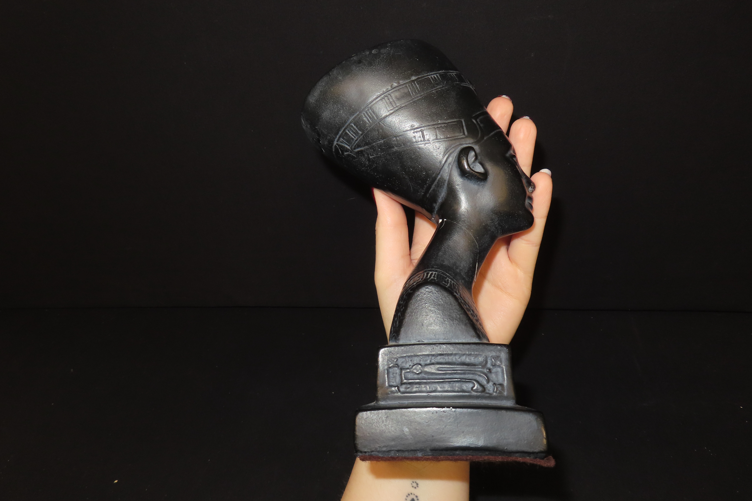 8" Tall Nefertiti Black Chalkware Bust, Cracked Around Neck