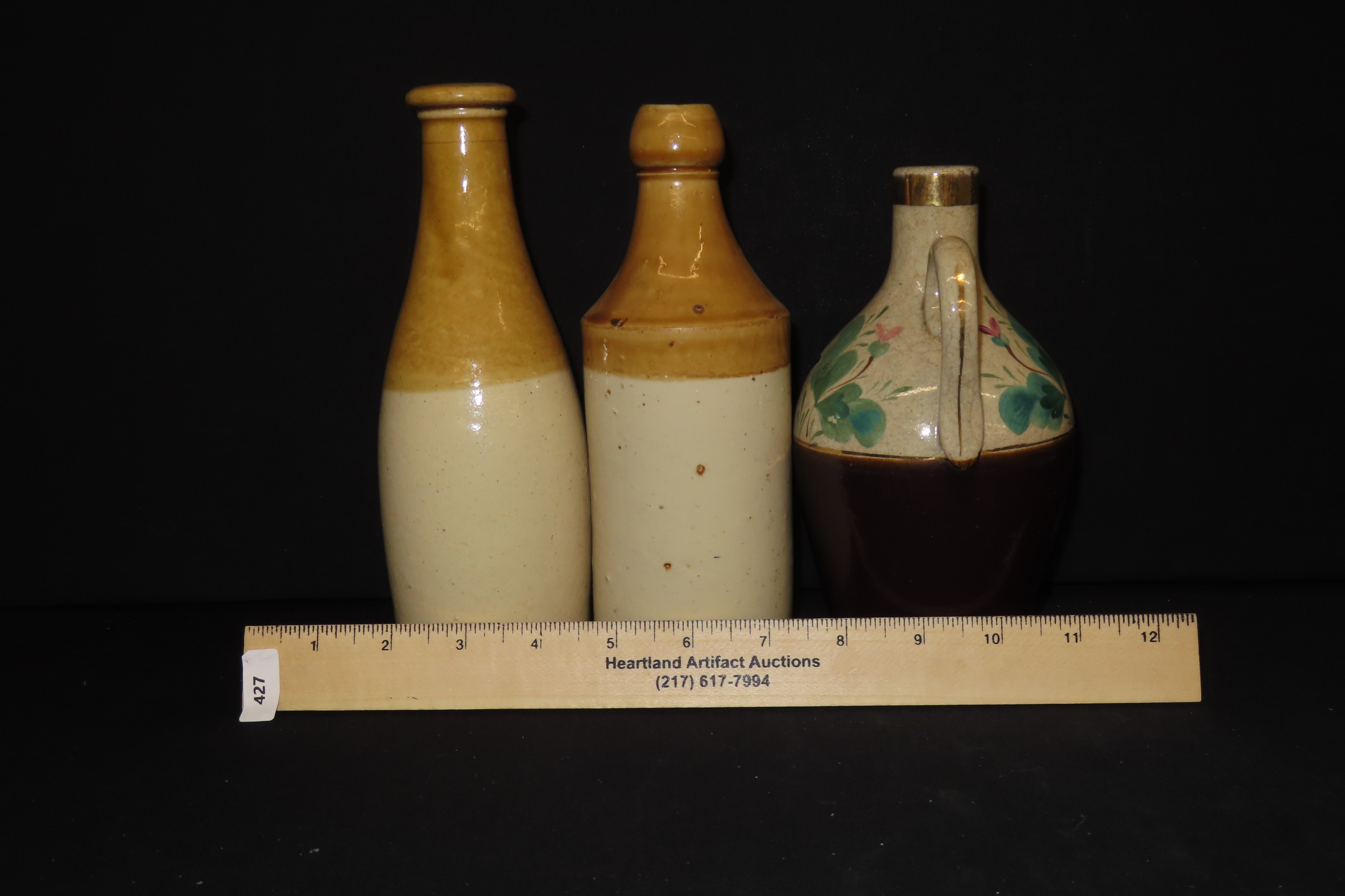 Lot of 2 Brown-in-White Ginger Bottles and 1 Advertised Rye Bottle